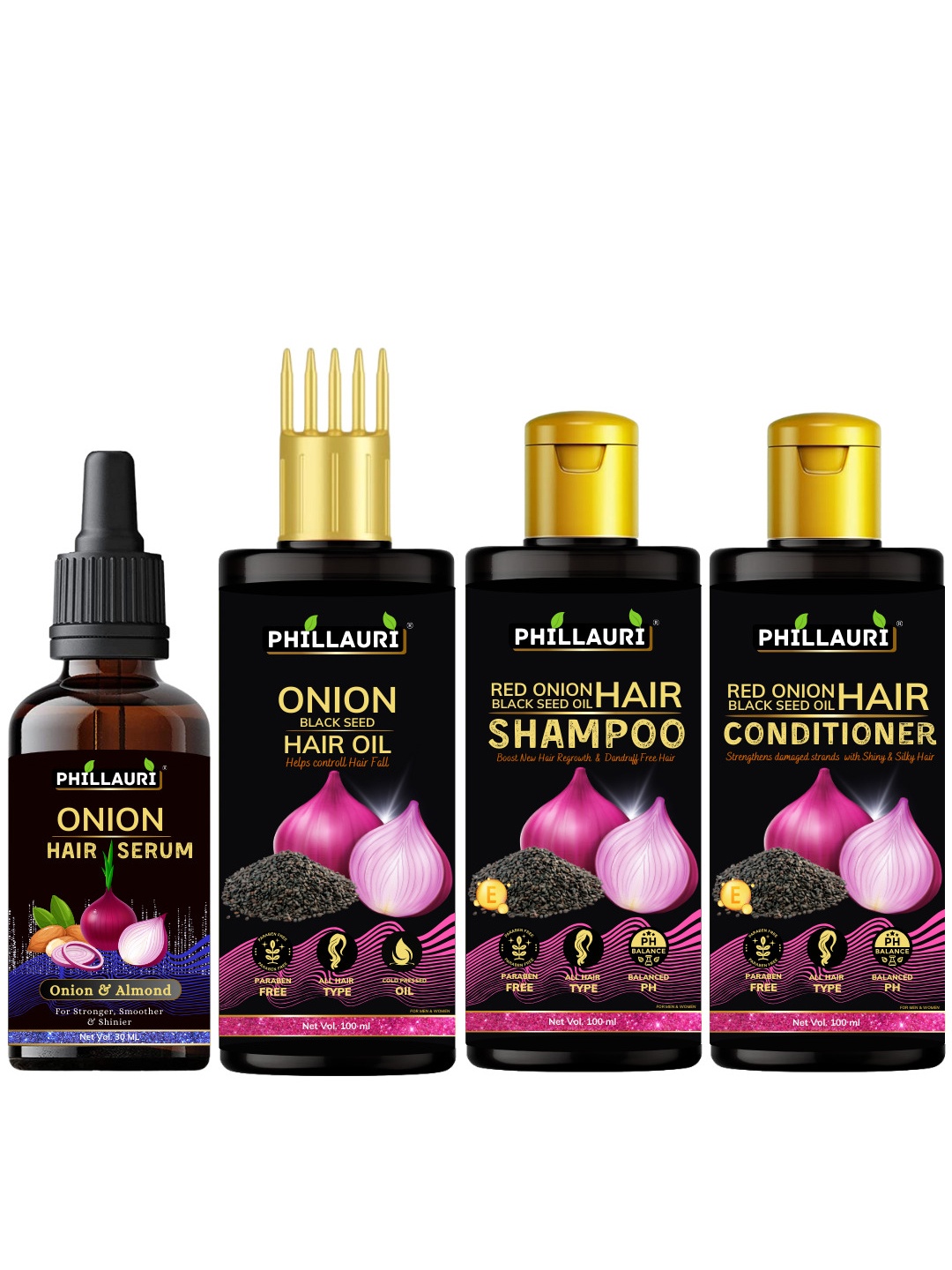 

Phillauri Onion Black Seed Hair Oil Shampoo Conditioner & Serum For Control Hair Fall