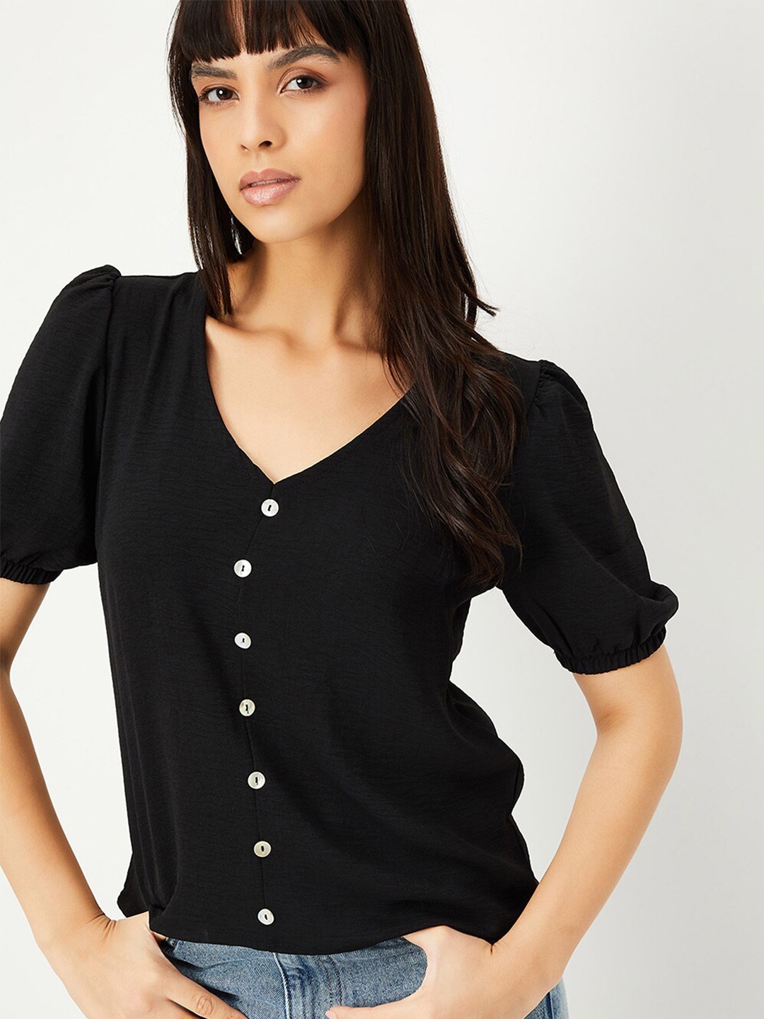 

max V-Neck Puff Sleeve Regular Top, Black