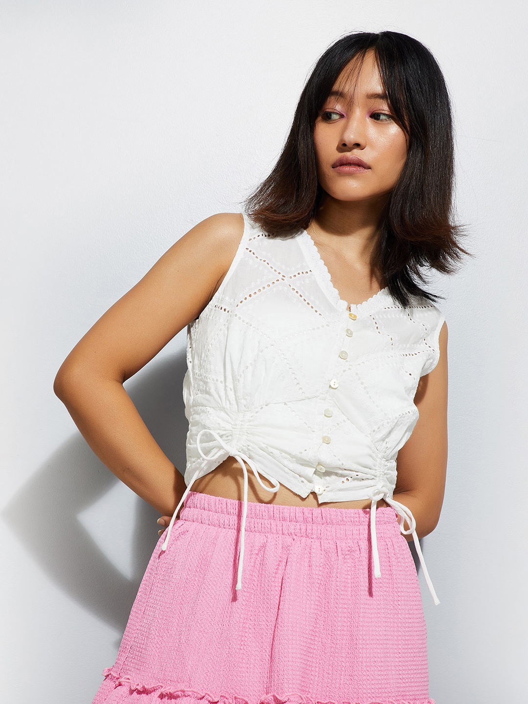 

max URB_N Women Embroidered Crop Top, White