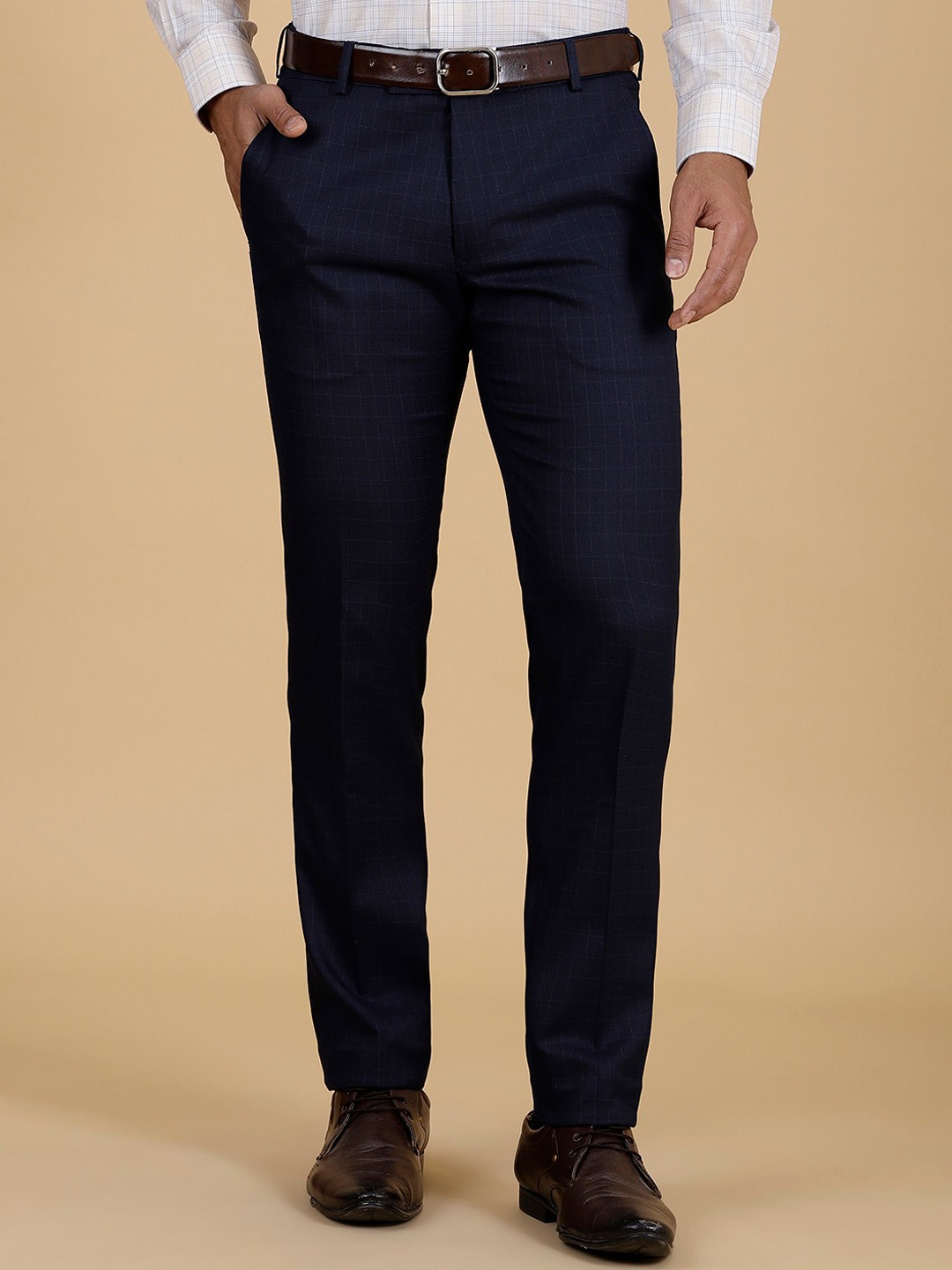

Greenfibre Men Slim Fit Checked Mid-Rise Formal Trousers, Navy blue