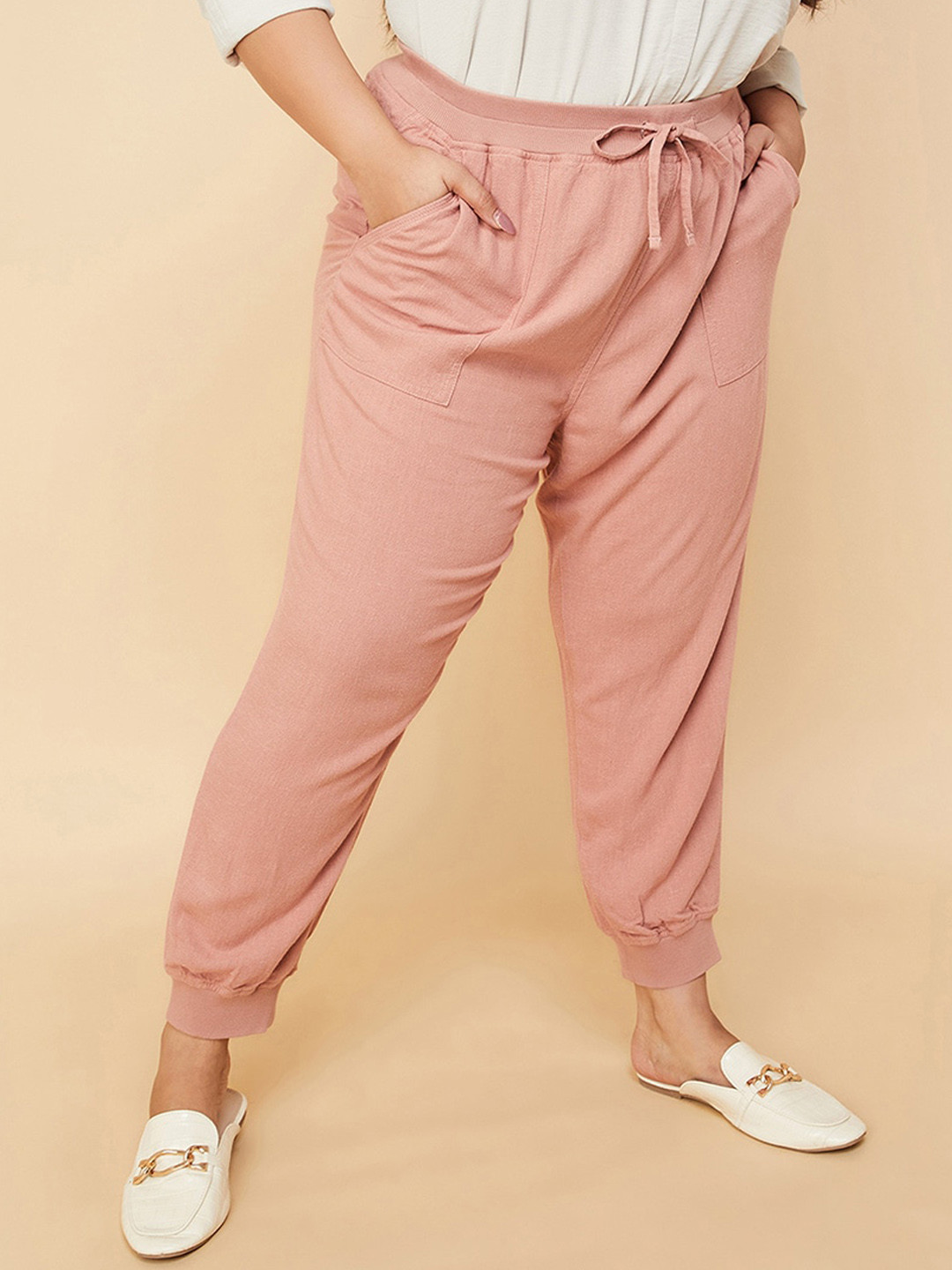 

max Women Pleated Cotton Joggers Trousers, Pink