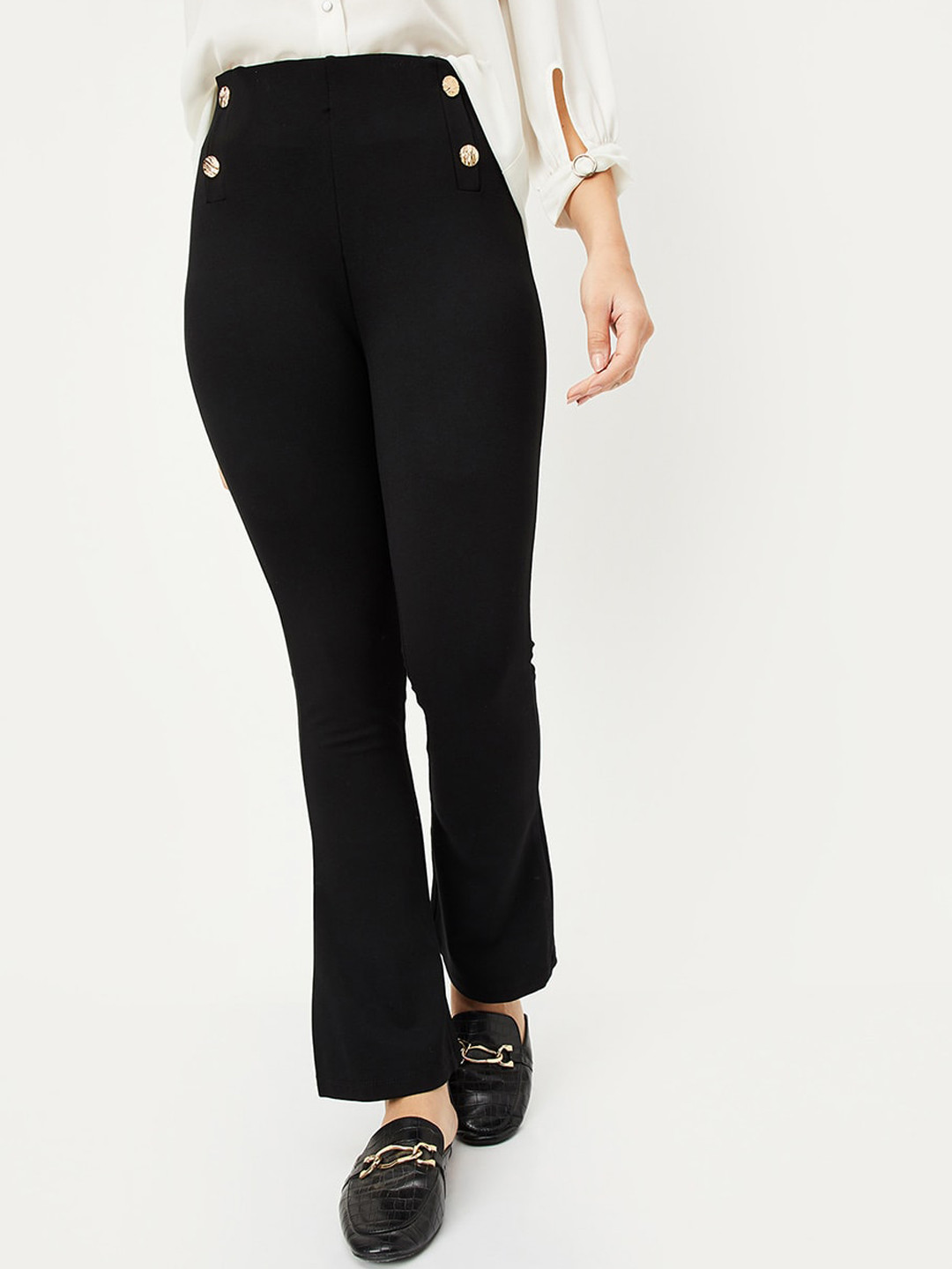 

max Regular Fit Mid-Rise Cotton Bootcut Trousers, Black