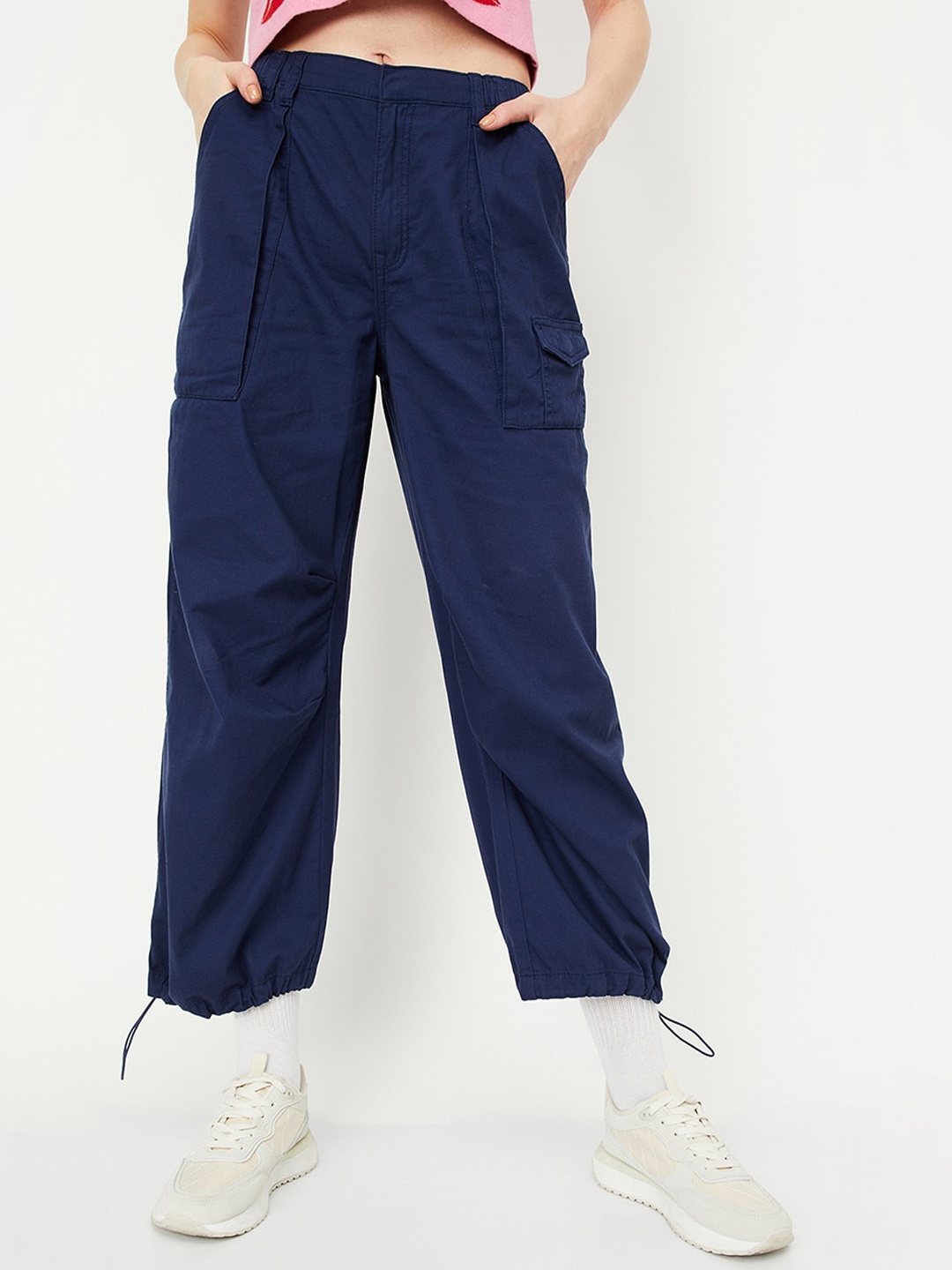 

max Regular Fit Mid-Rise Cotton Regular Trousers, Navy blue