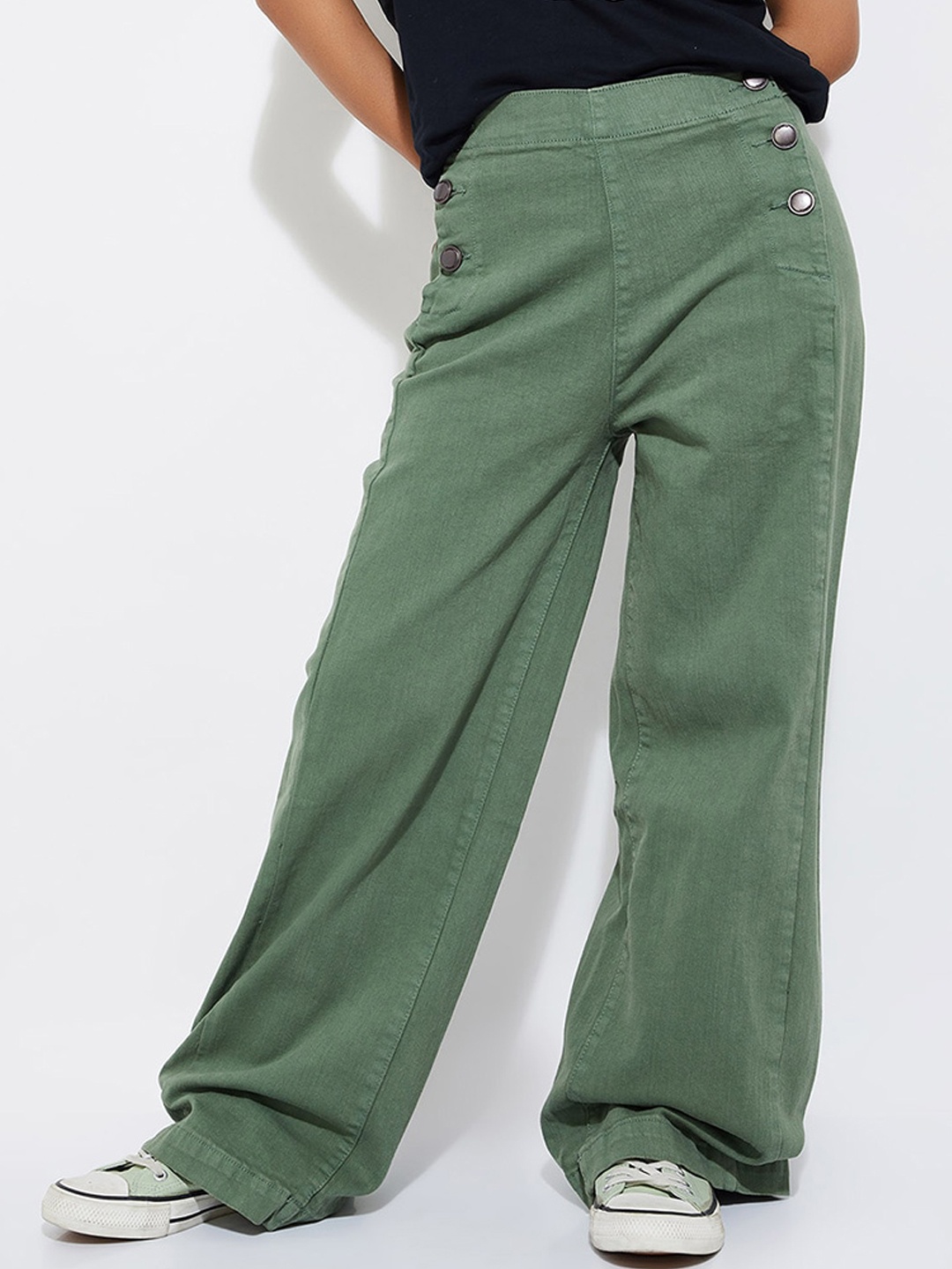 

max URB_N Women Solid Wide-Legged Trousers, Olive