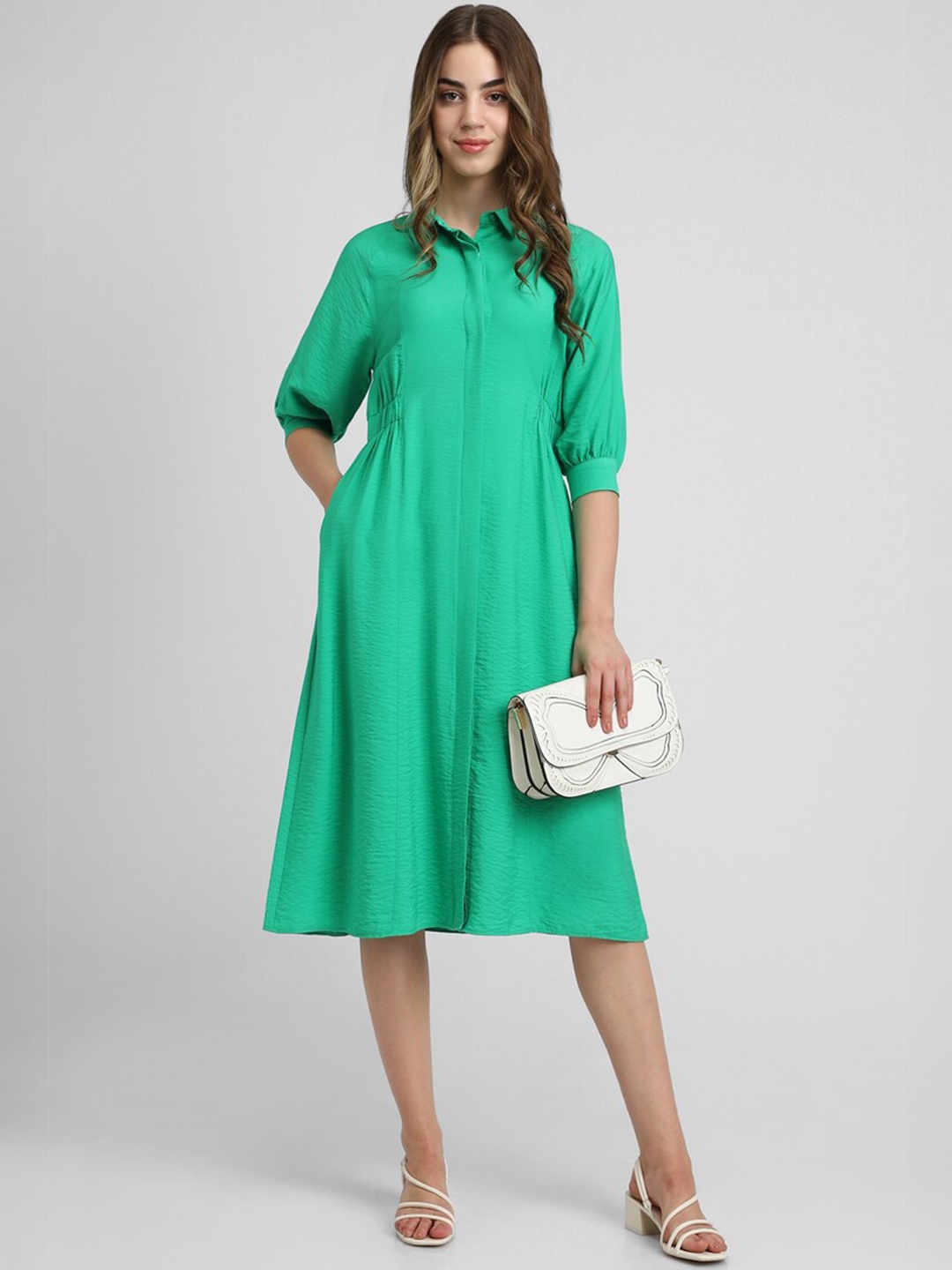 

FOREVER 21 Cuffed Sleeves Shirt Midi Dress, Green