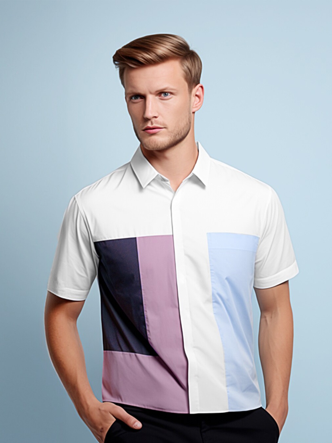 

HE SPOKE Smart Tailored Fit Colourblocked Spread Collar Short Sleeves Semiformal Shirt, White
