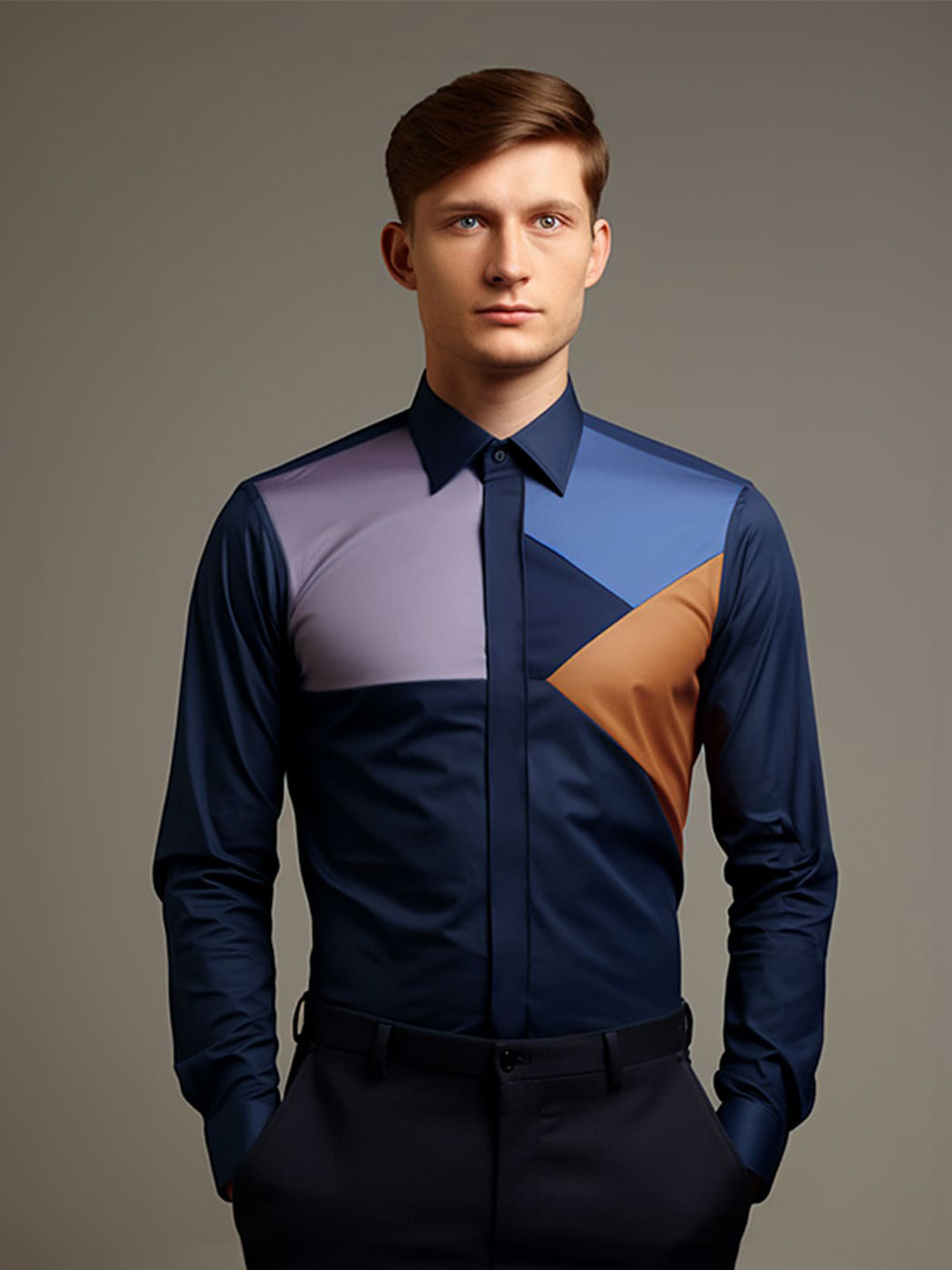 

HE SPOKE Smart Tailored Fit Spread Collar Long Sleeves Cotton Semiformal Shirt, Navy blue