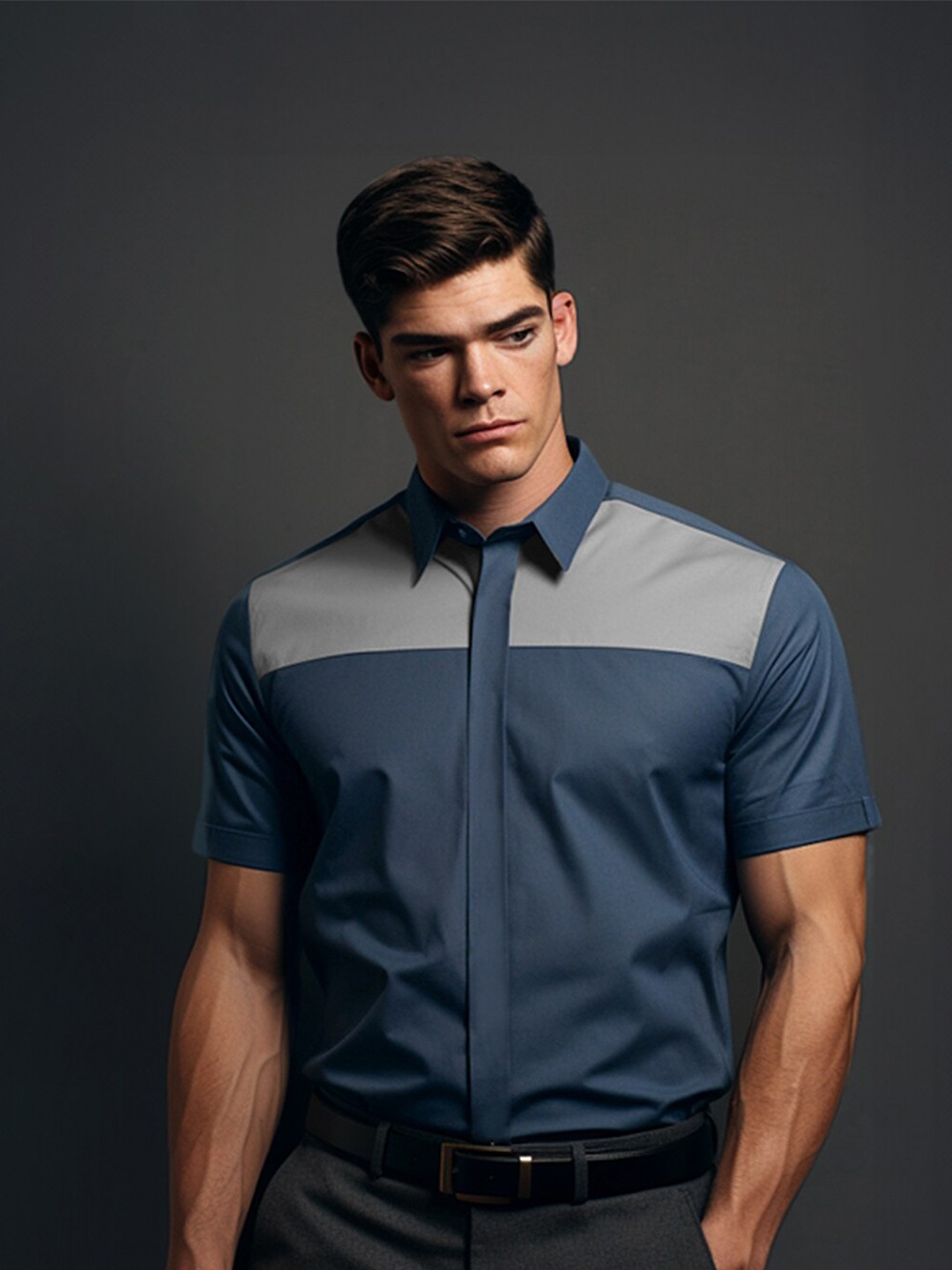 

HE SPOKE Smart Tailored Fit Colourblocked Spread Collar Cotton Semiformal Shirt, Grey