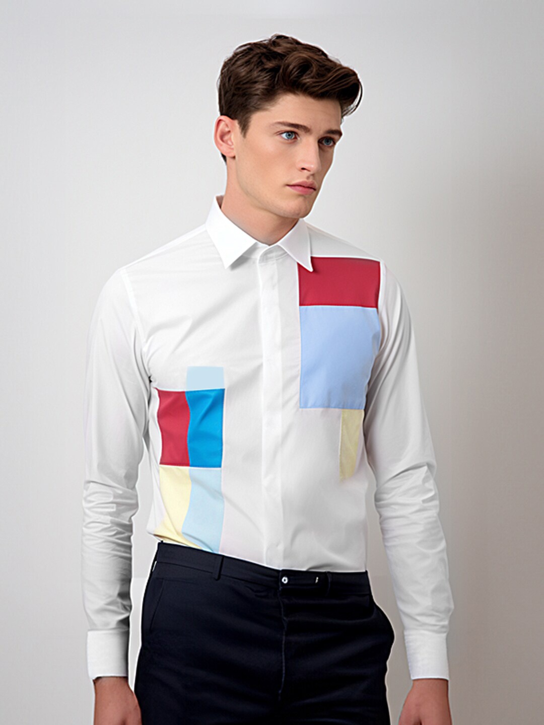 

HE SPOKE Smart Tailored Fit Colour Blocked Spread Collar Long Sleeves Semi Formal Shirt, White