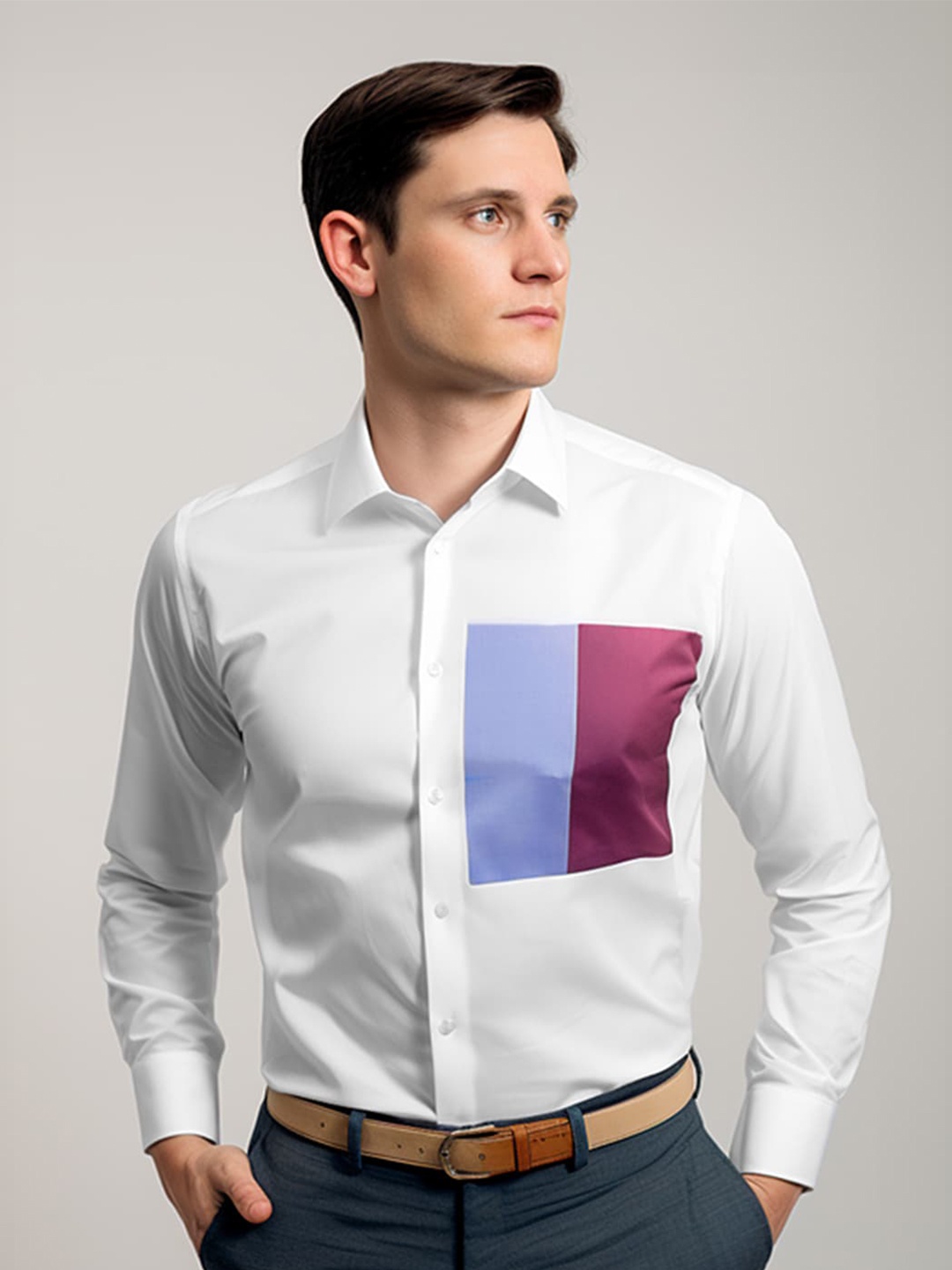 

HE SPOKE Smart Colourblocked Spread Collar Curved Cotton Tailored Fit Formal Shirt, White