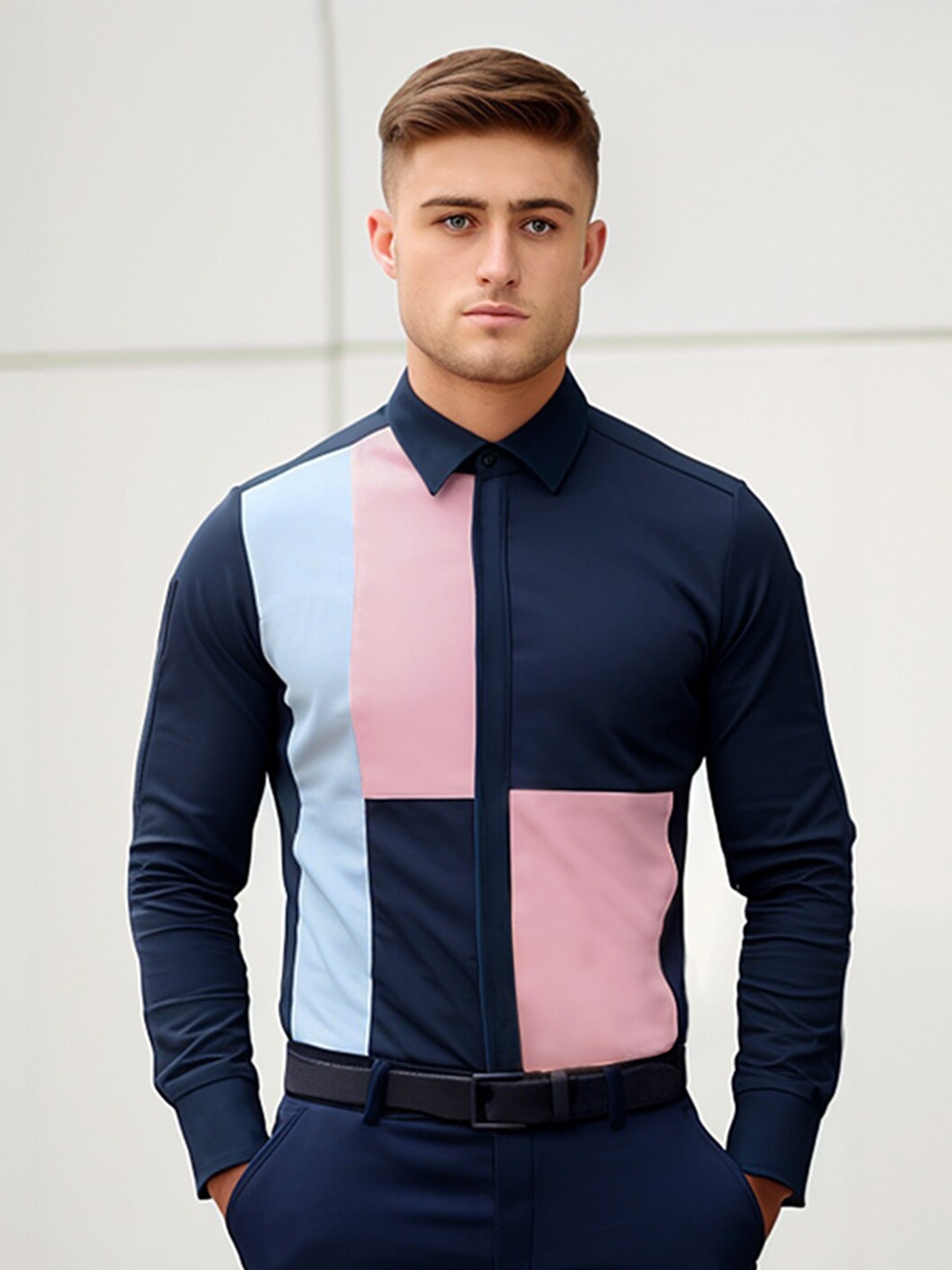 

HE SPOKE Smart Colourblocked Spread Collar Curved Cotton Tailored Fit Formal Shirt, Navy blue