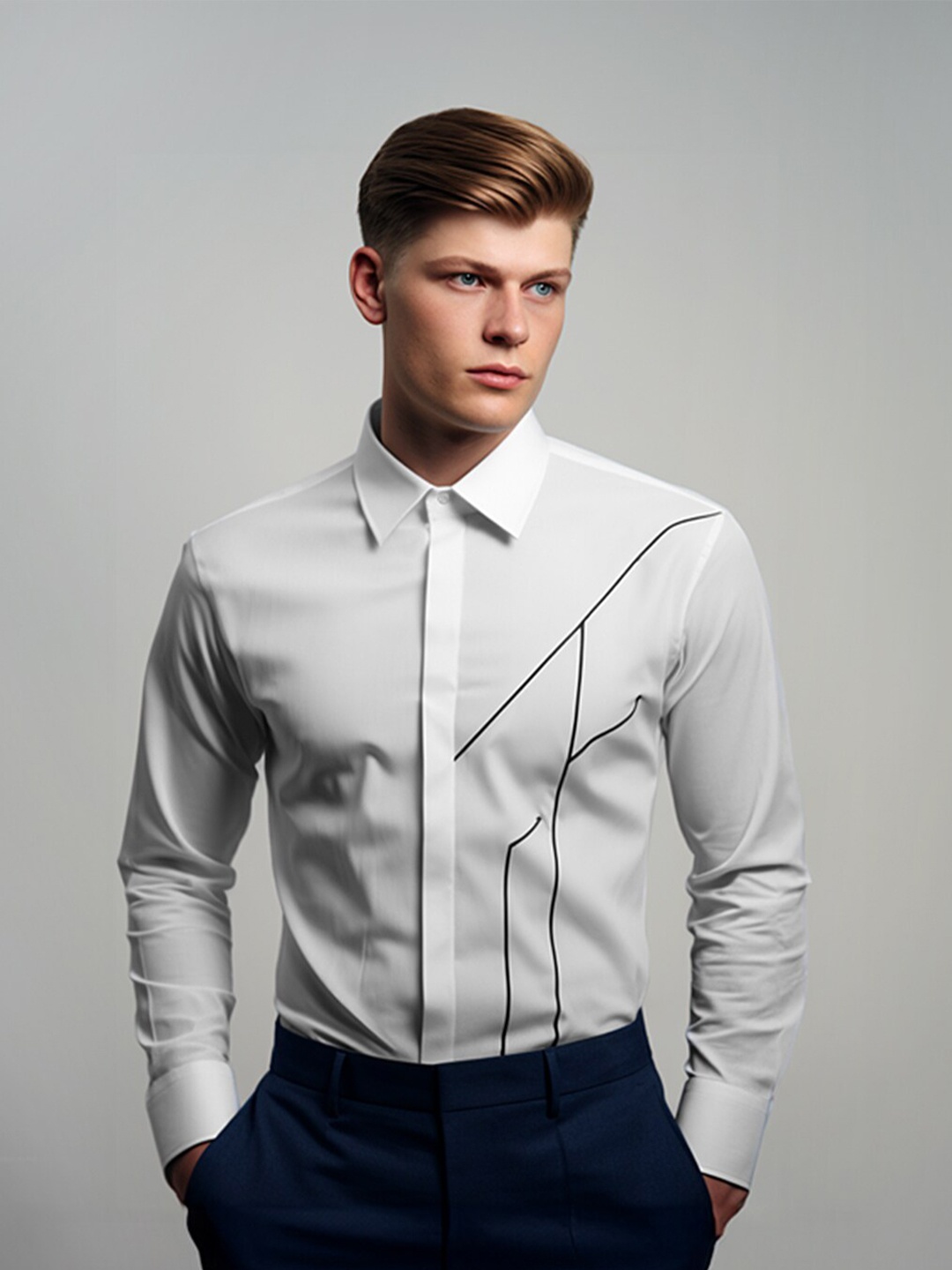 

HE SPOKE Smart Geometric Printed Spread Collar Curved Cotton Tailored Fit Formal Shirt, White