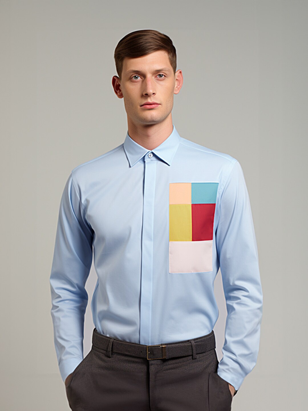 

HE SPOKE Smart Tailored Fit Colourblocked Spread Collar Cotton Semiformal Shirt, Blue