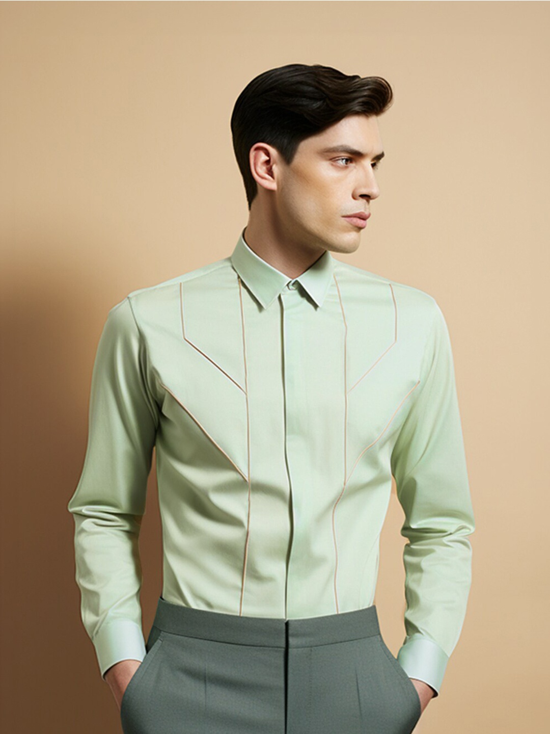 

HE SPOKE Smart Tailored Fit Embellished Spread Collar Long Sleeves Cotton Casual Shirt, Sea green