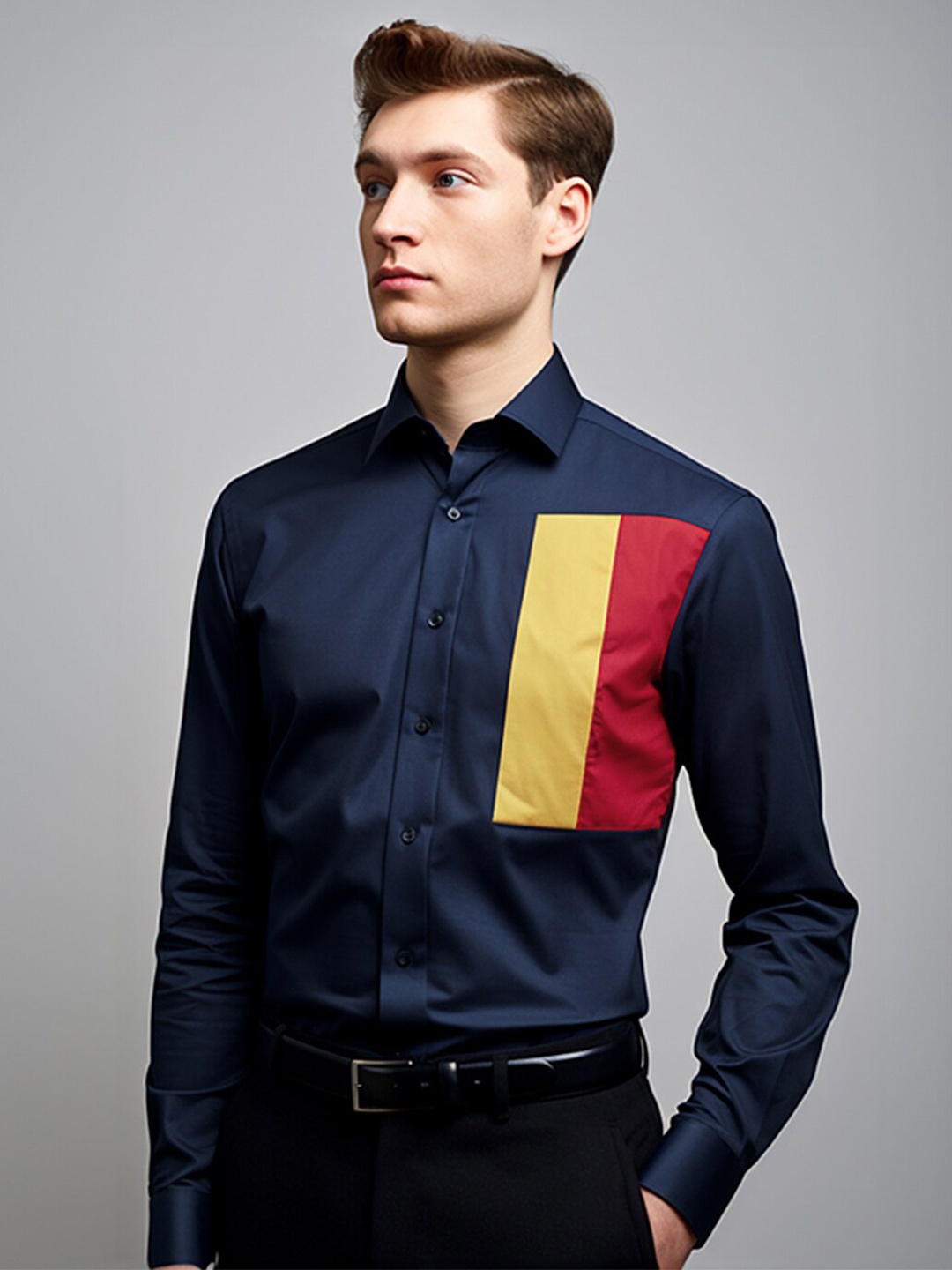 

HE SPOKE Smart Tailored Fit Colourblocked Cotton Semi-Formal Shirt, Navy blue