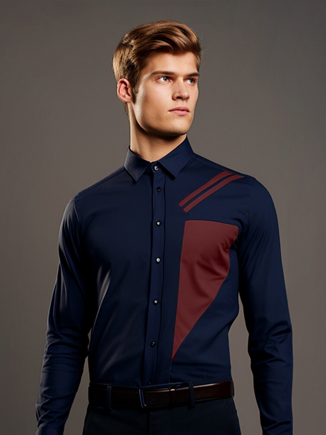 

HE SPOKE Smart Colourblocked Spread Collar Curved Cotton Tailored Fit Formal Shirt, Navy blue
