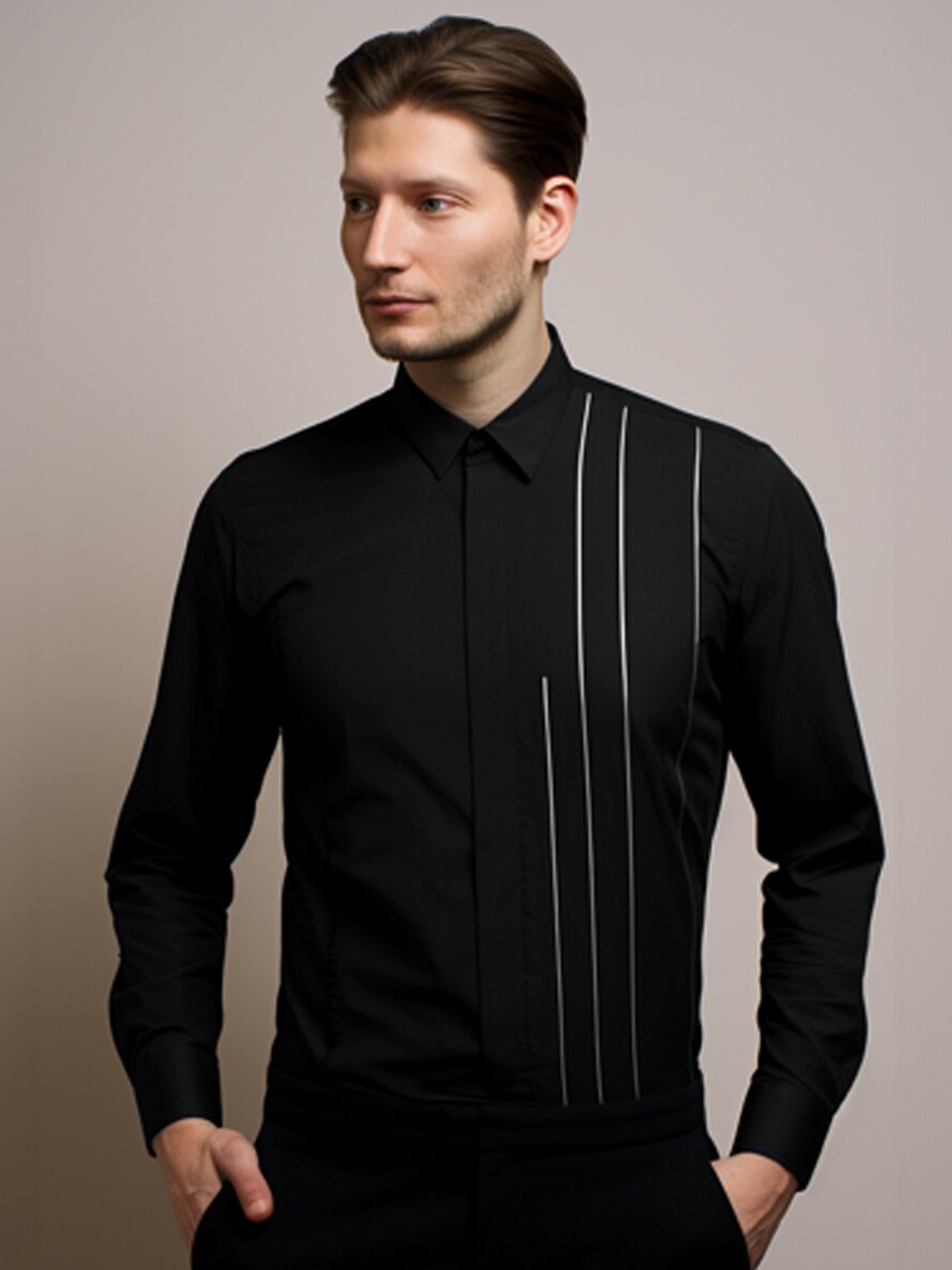 

HE SPOKE Smart Tailored Fit Embroidered Cotton Casual Shirt, Black