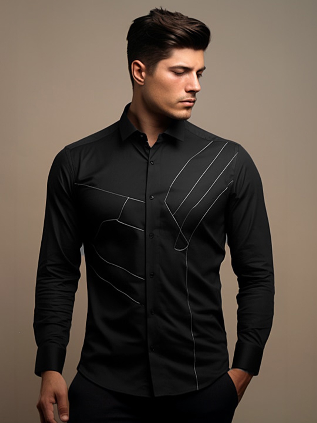 

HE SPOKE Smart Tailored Fit Embroidered Cotton Casual Shirt, Black
