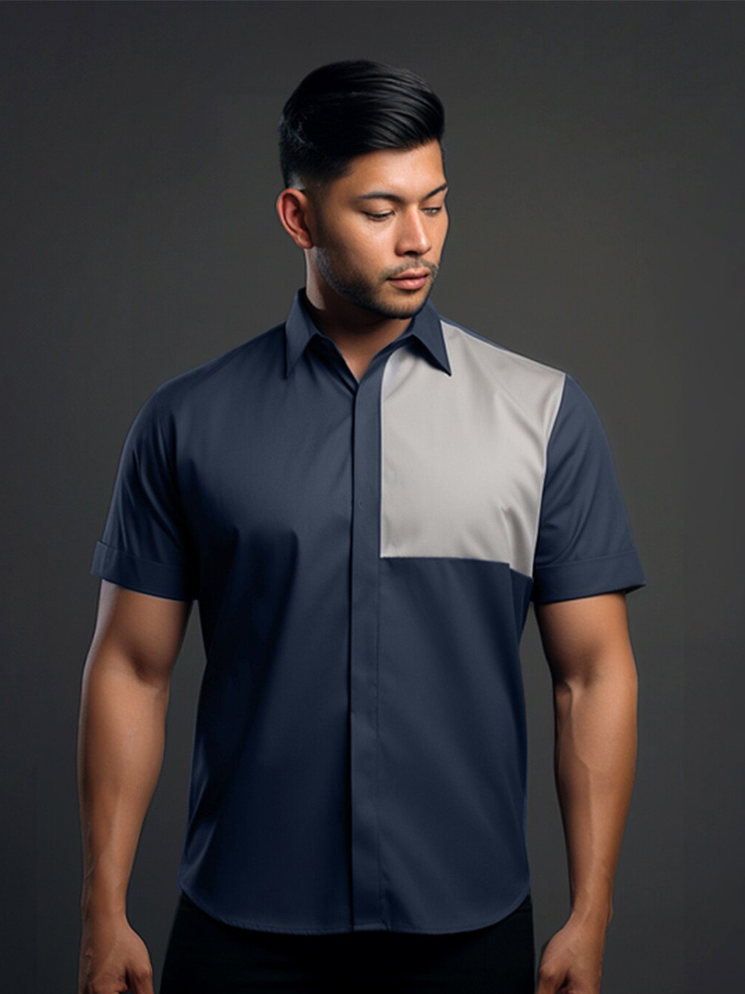 

HE SPOKE Smart Tailored Fit Colourblocked Spread Collar Short Sleeves Semiformal Shirt, Grey