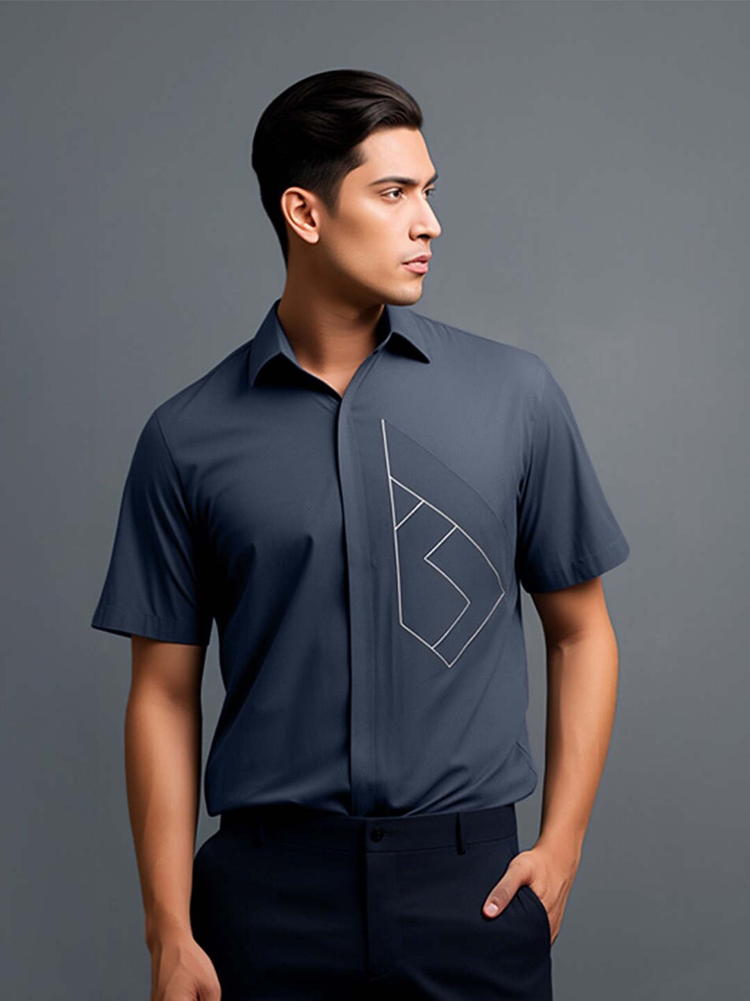 

HE SPOKE Smart Geometric Printed Spread Collar Curved Cotton Tailored Fit Formal Shirt, Grey