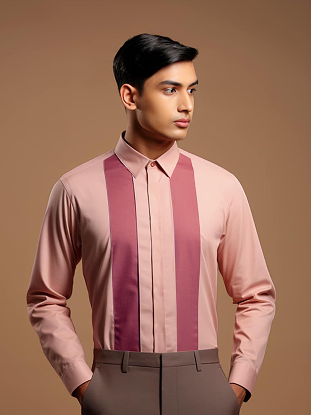 

HE SPOKE Smart Tailored Fit Colourblocked Spread Collar Long Sleeves Semiformal Shirt, Pink