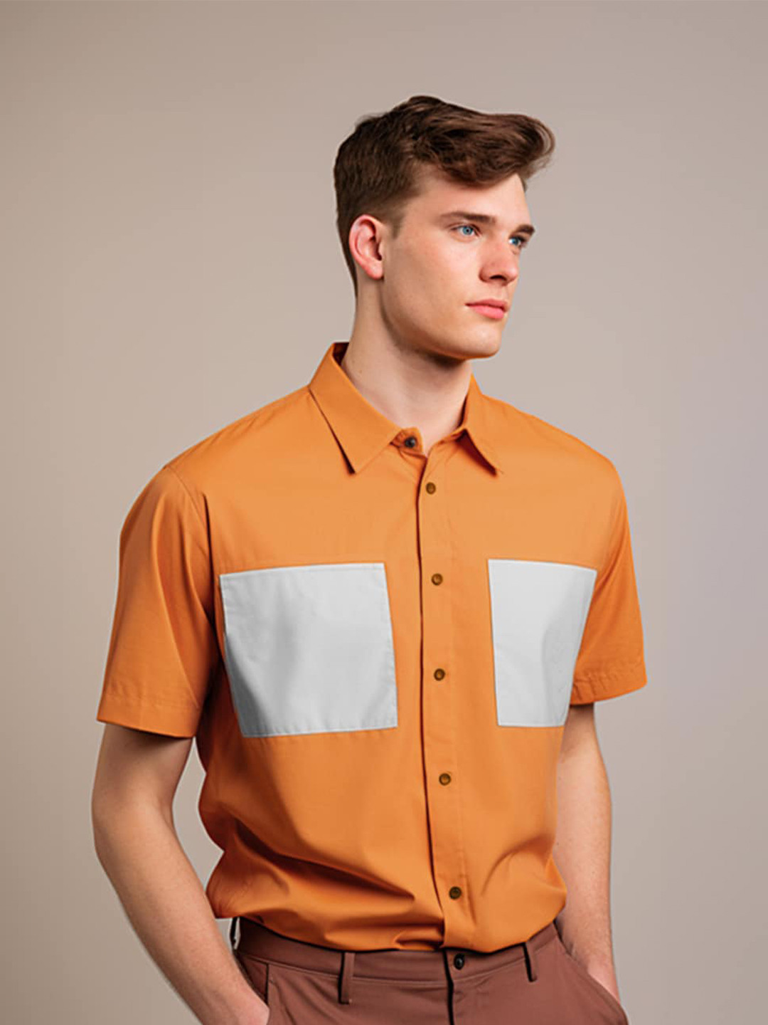 

HE SPOKE Smart Tailored Fit Colourblocked Spread Collar Short Sleeves Semiformal Shirt, Orange
