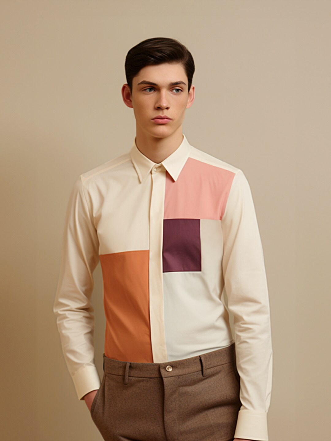 HE SPOKE Smart Colourblocked Spread Collar Curved Cotton Tailored Fit Formal Shirt, Cream