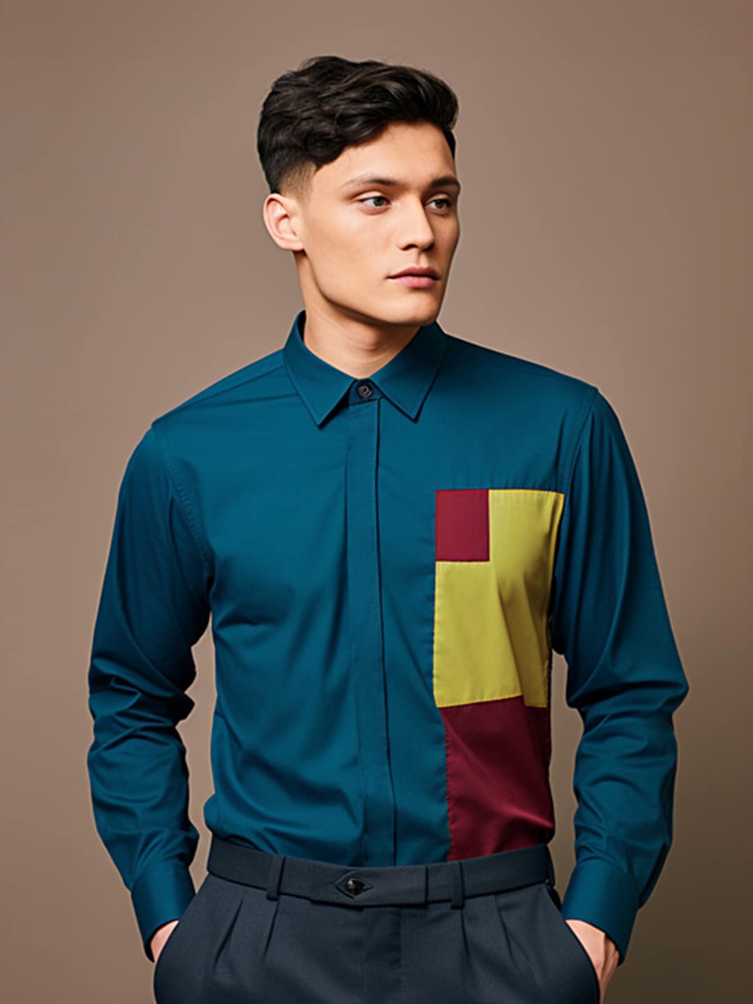 

HE SPOKE Smart Colourblocked Spread Collar Curved Cotton Tailored Fit Formal Shirt, Blue
