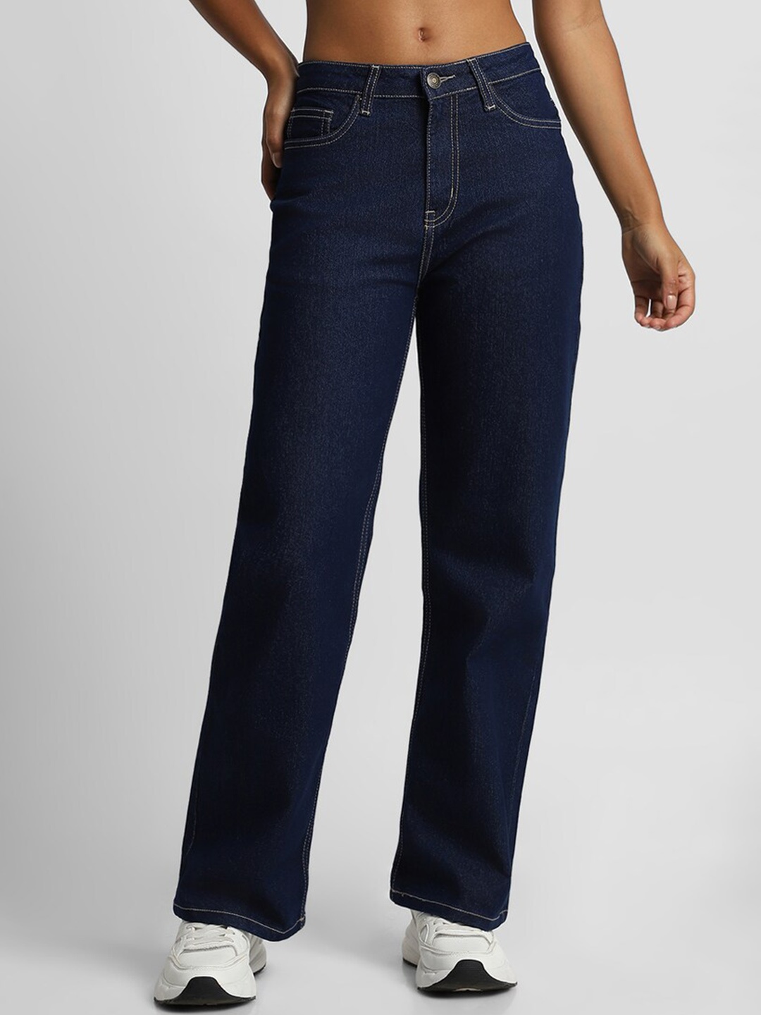 

FOREVER 21 Women Mid-Rise Straight Fit Stretchable Jeans, Navy blue