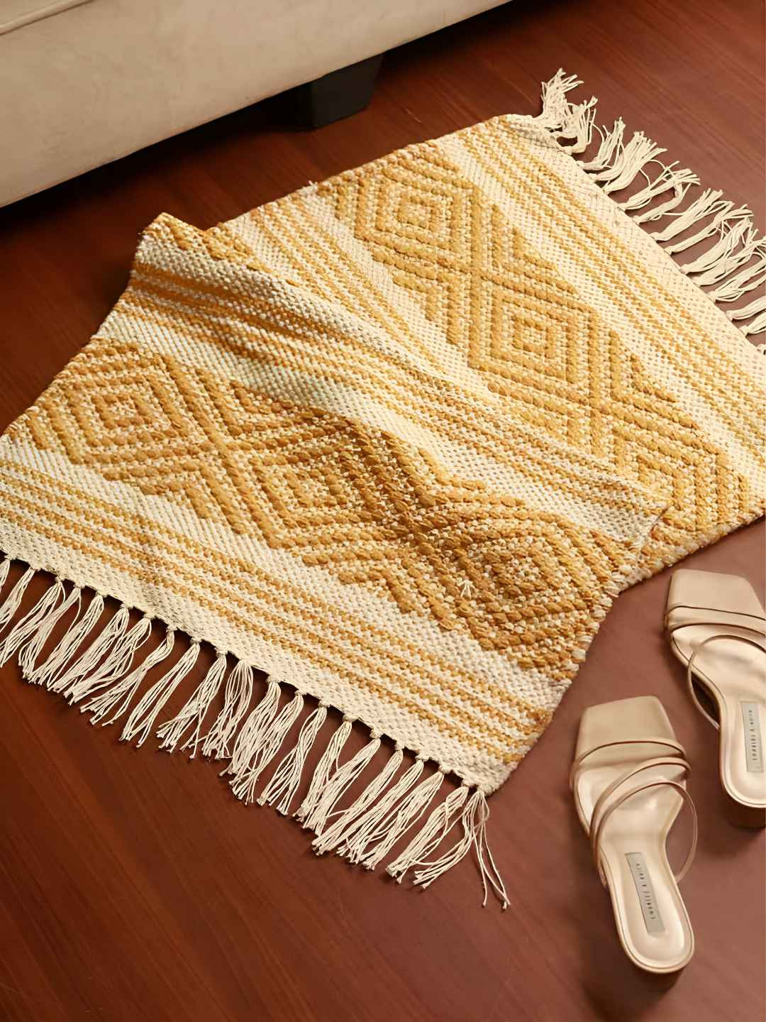 

JASMEY HOMES Luxe Loom Mustard Yellow Geometric Cotton Water Resistant Dhurrie