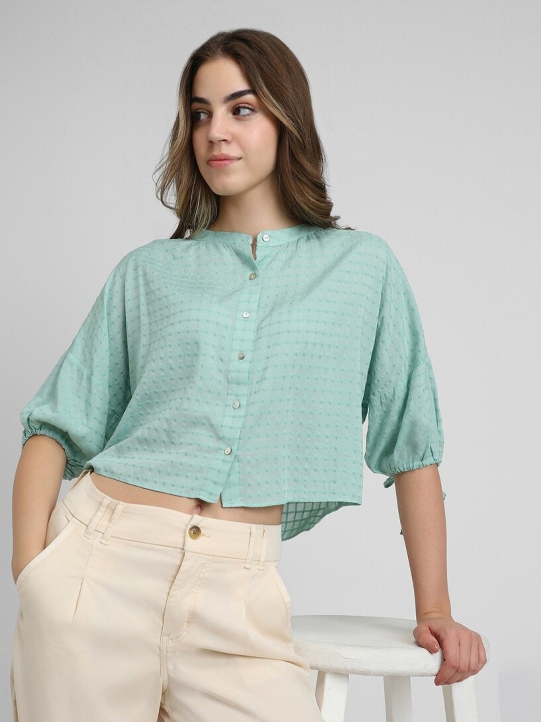 

FOREVER 21 Checked Mandarin Collar Top, Green
