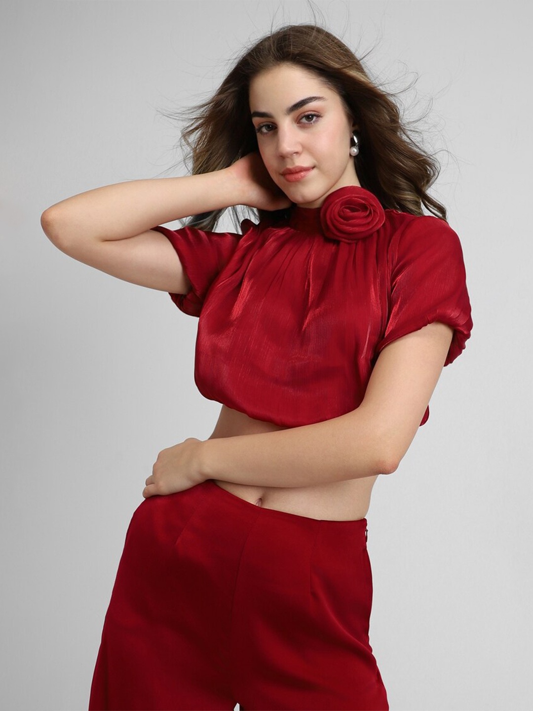 

FOREVER 21 Puff Sleeve Styled Back Top, Red