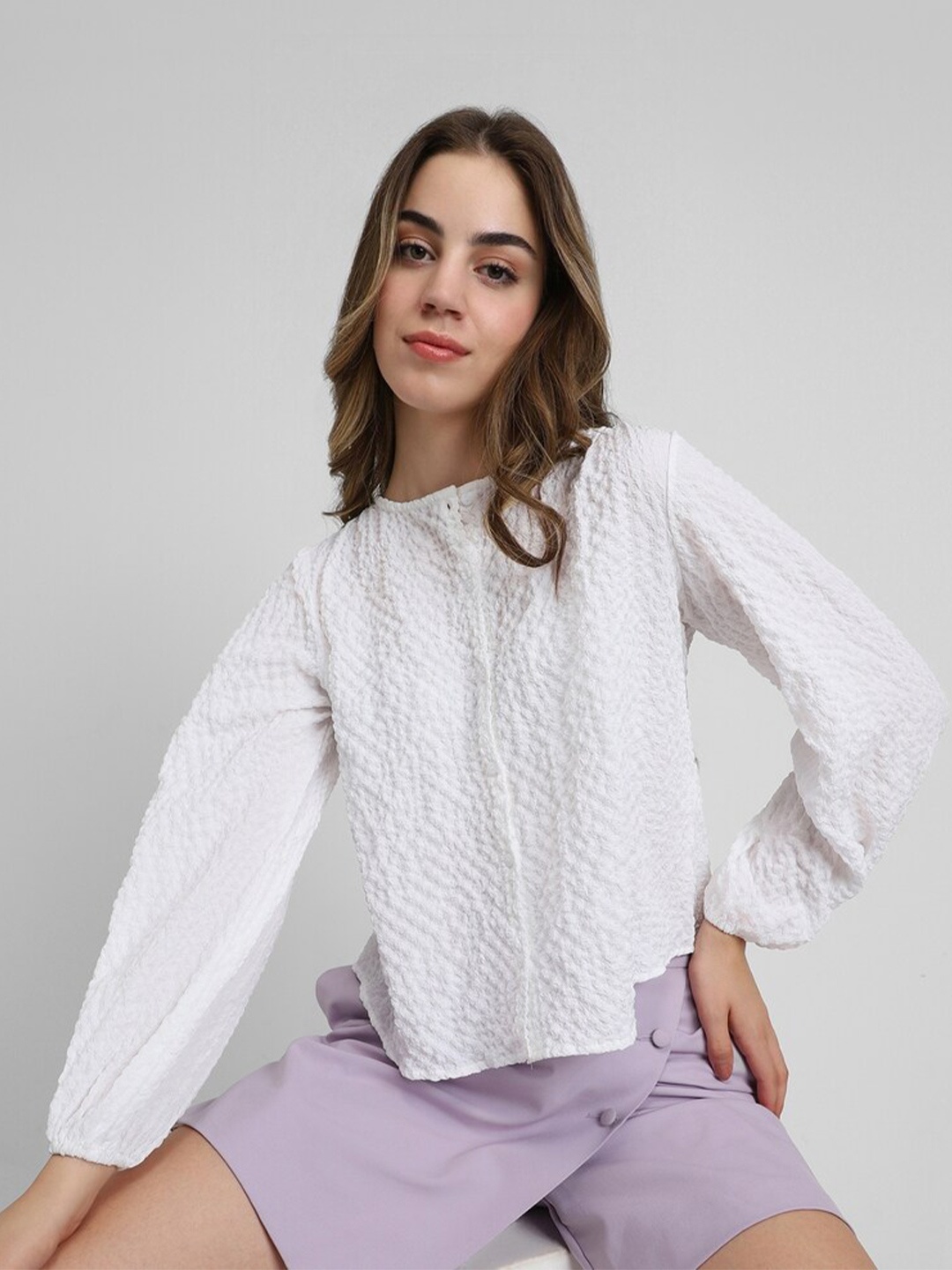 

FOREVER 21 Self Design Round Neck Cuffed Sleeves Top, White