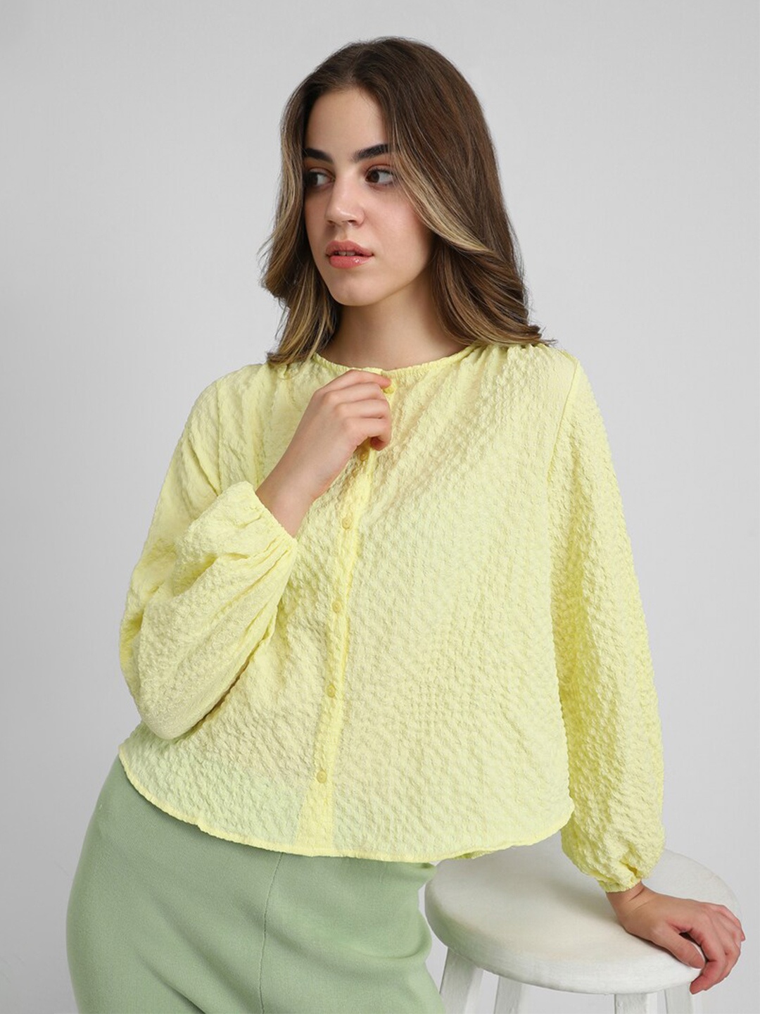 

FOREVER 21 Self Design Round Neck Puff Sleeve Boxy Top, Yellow