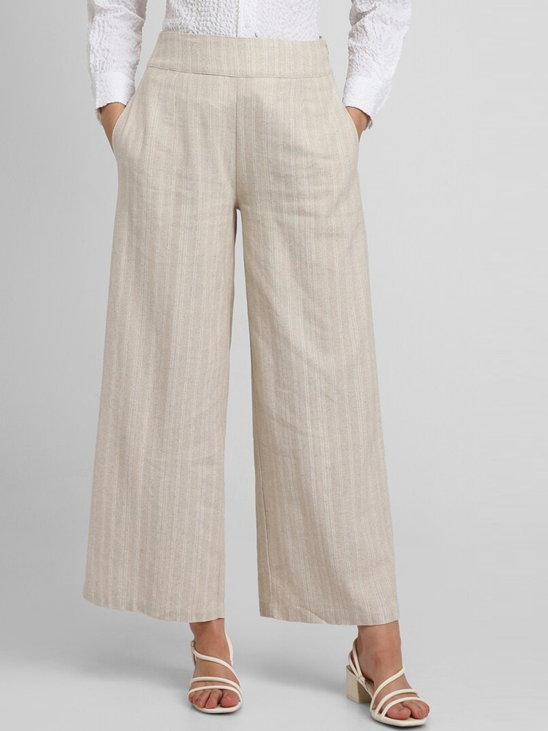 

FOREVER 21 Women Striped Mid-Rise Parallel Trousers, Beige