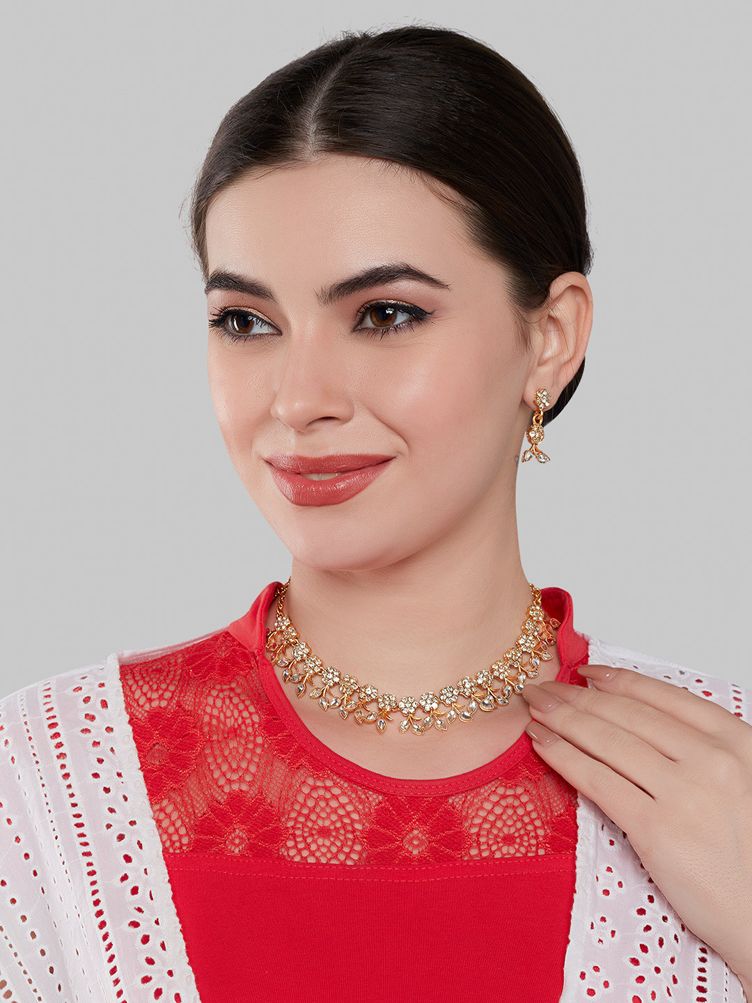 

GRLIE Gold-Plated Kundan Studded Necklace & Earrings, White