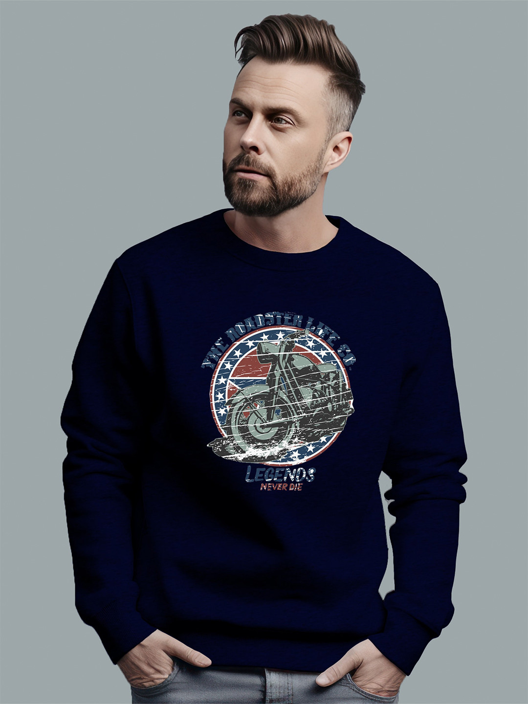

The Roadster Lifestyle Co. Graphic Printed Long Sleeves Pure Cotton Pullover Sweatshirt, Navy blue