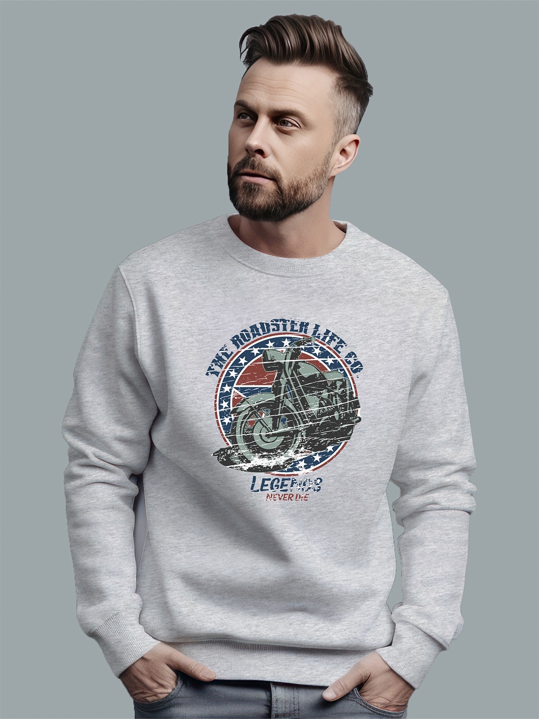 

The Roadster Lifestyle Co. Graphic Printed Long Sleeves Pure Cotton Pullover Sweatshirt, Grey