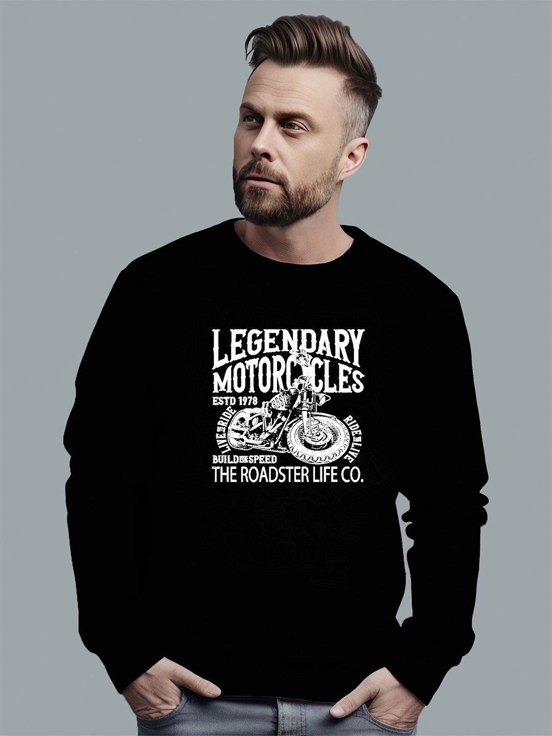 

The Roadster Lifestyle Co. Black Graphic Printed Pure Cotton Pullover Sweatshirt