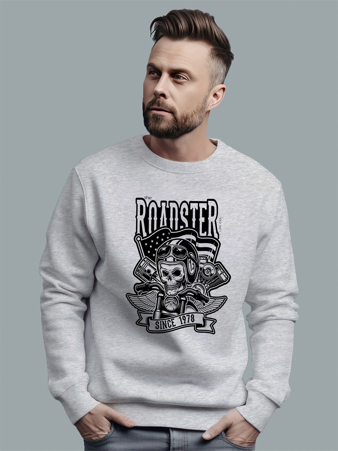 

The Roadster Lifestyle Co. Grey Graphic Printed Pure Cotton Pullover Sweatshirt