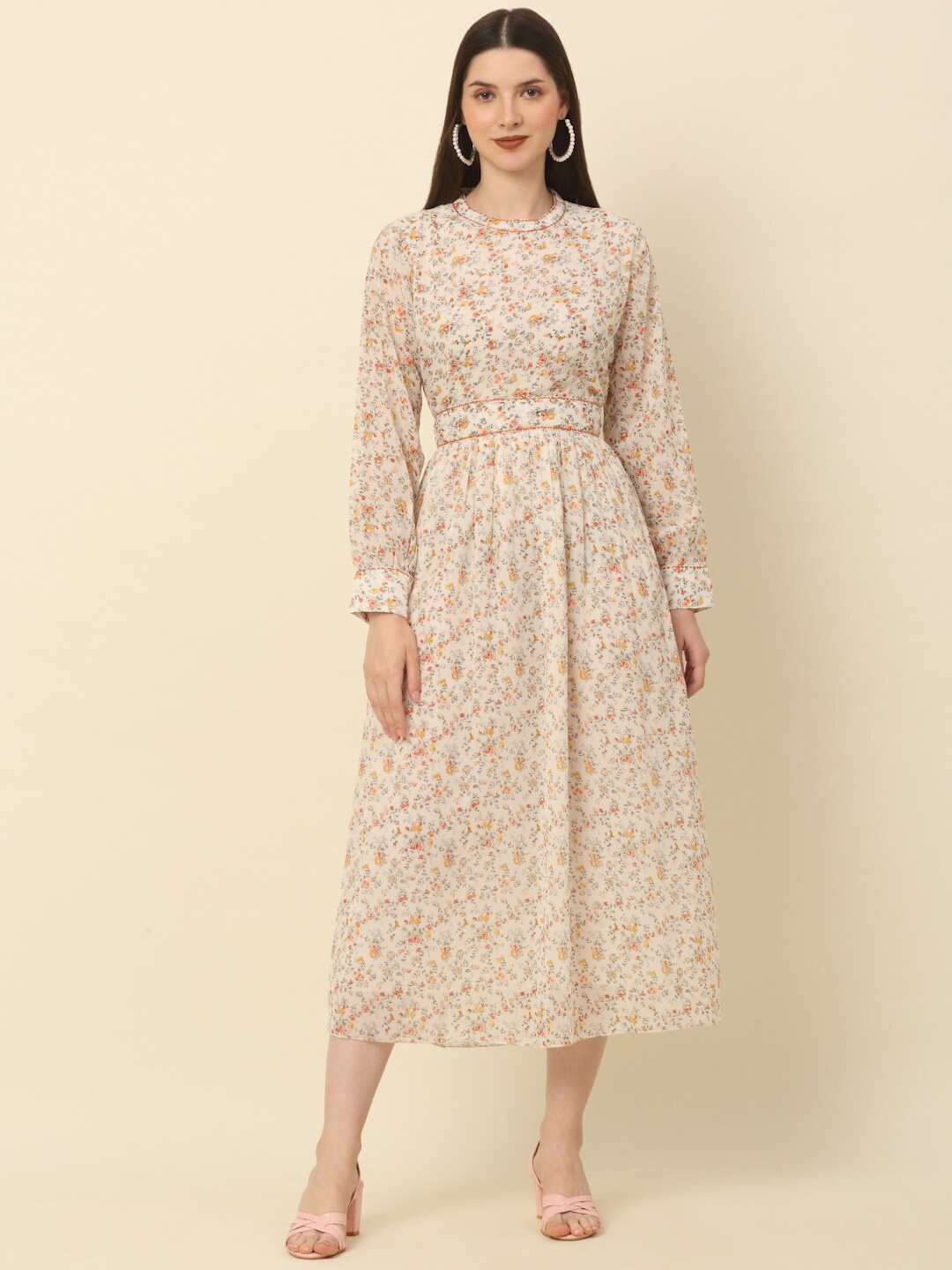 

KALINI Floral Printed Cuffed Sleeves Georgette Fit & Flare Maxi Dress, Beige