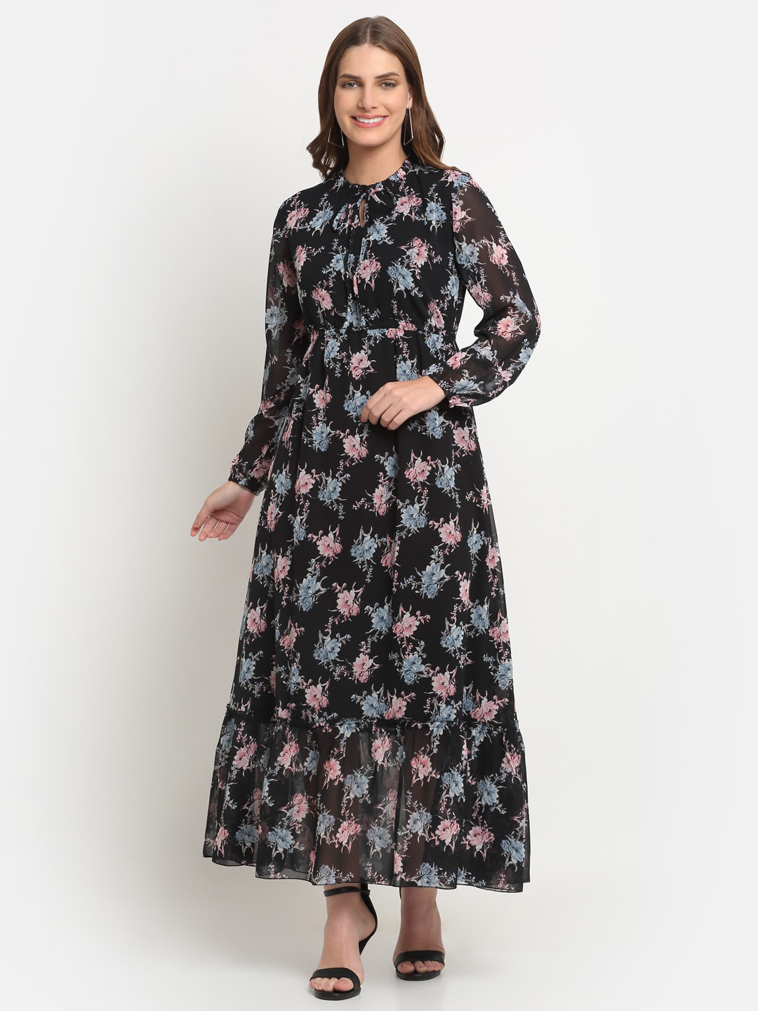 

KALINI Floral Printed Tie-Up Neck Puff Sleeves Georgette Fit and Flare Dress, Black