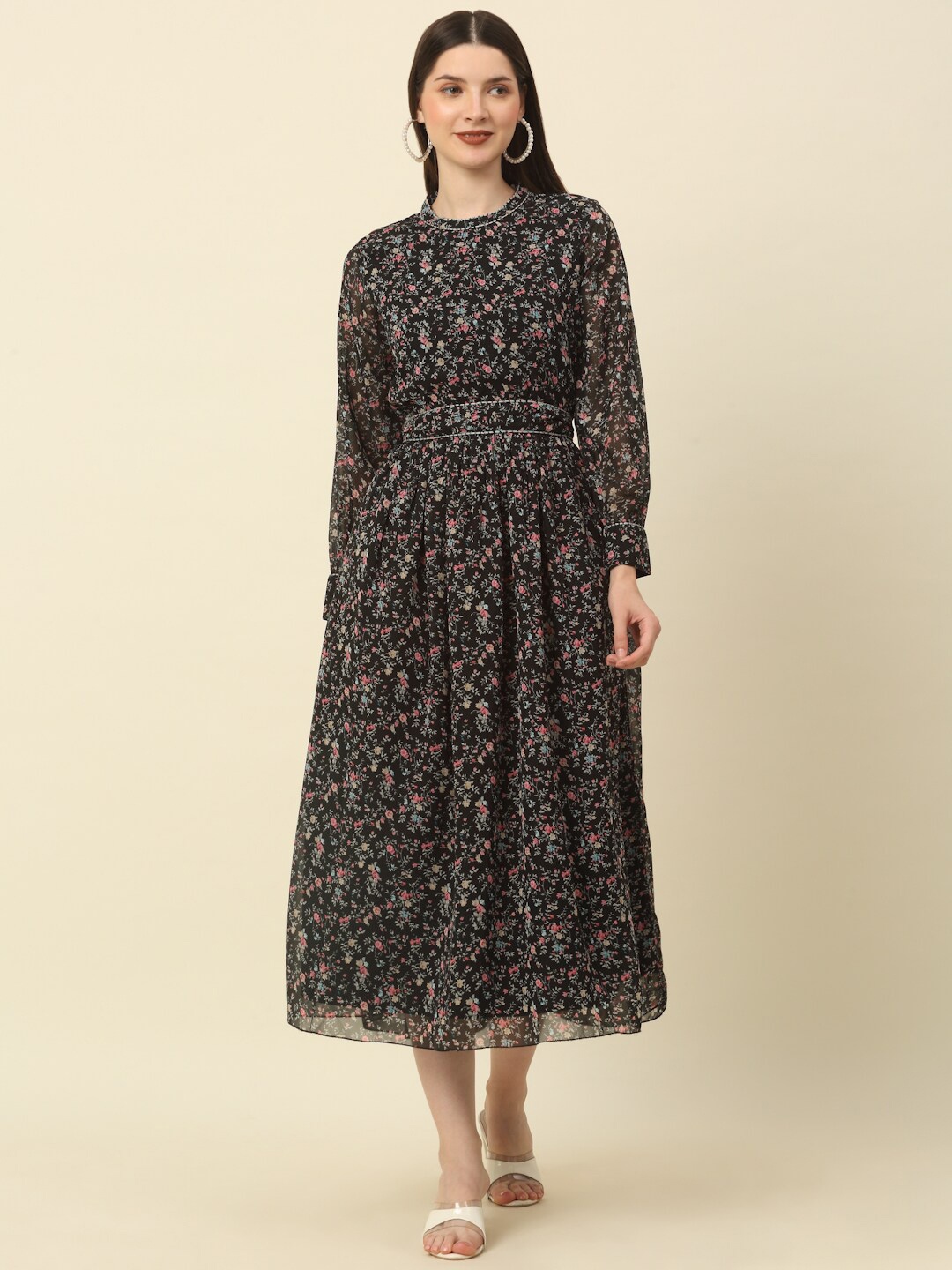 

KALINI Floral Printed Round Neck Cuffed Sleeves Georgette Fit & Flare Midi Dress, Black