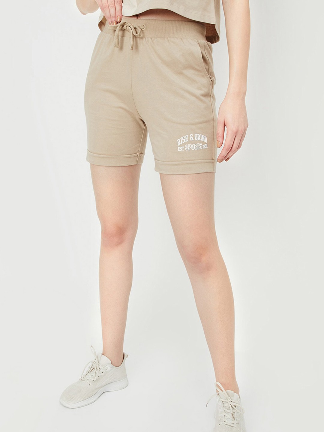 

max Women Typography Printed Pure Cotton Shorts, Beige