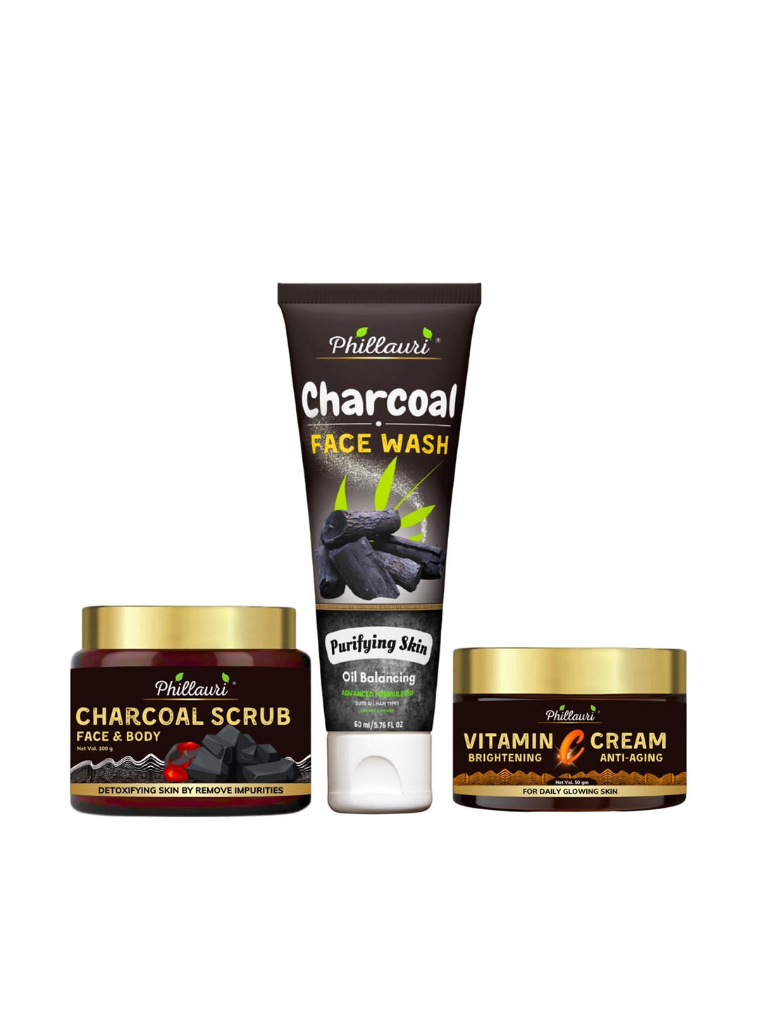 

Phillauri Charcoal Face Wash Scrub Vitamin C Face Cream Skin & Body Kit-60ml+100gm+ 50gm, Black