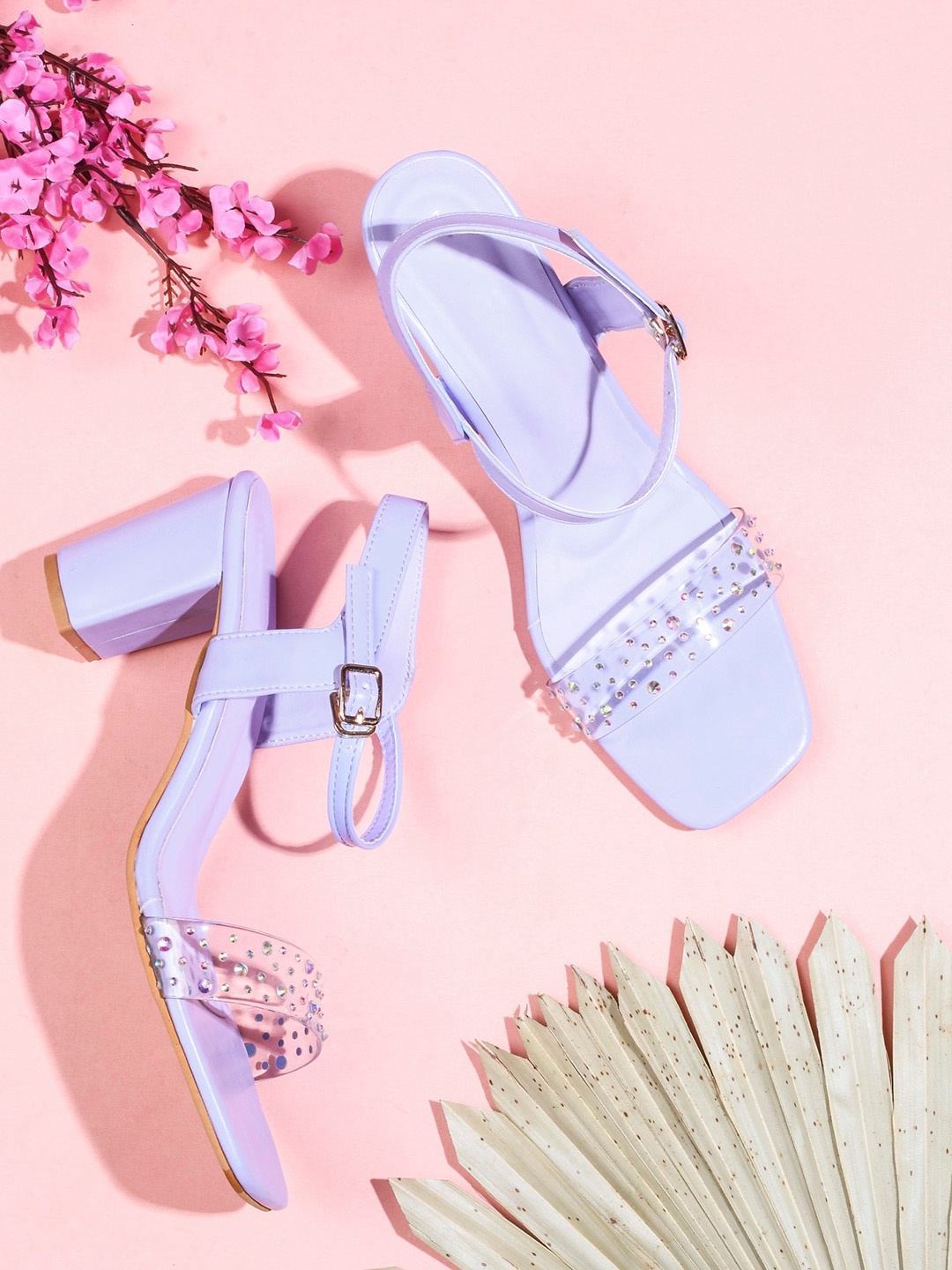 

Try Me Embellished Open Toe Block Heels with Buckles, Purple
