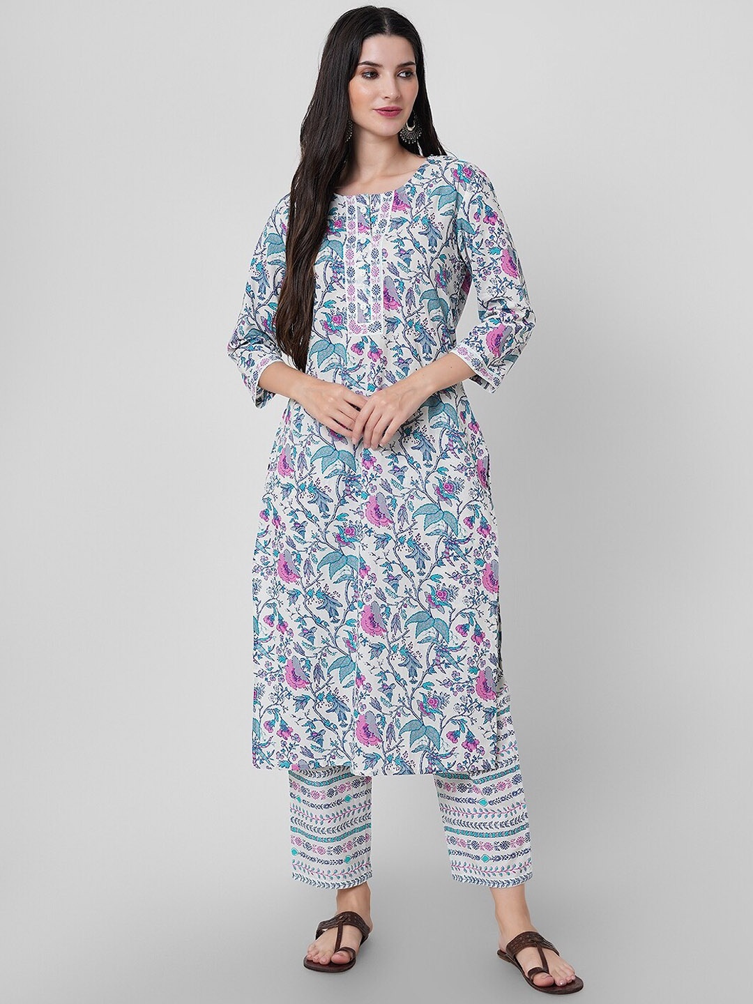

JANAKDULARI CREATION Floral Printed Pure Cotton Kurta with Palazzos & Dupatta, Blue