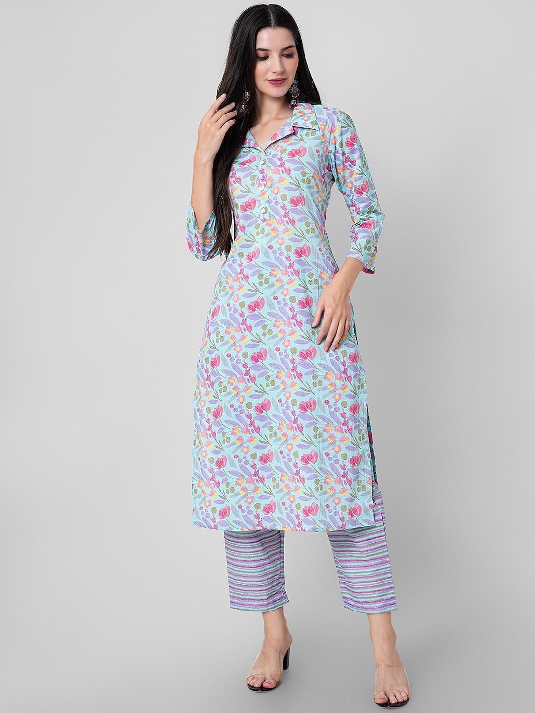 

JANAKDULARI CREATION Printed Shirt Collar Three-Quarter Sleeves Pure Cotton Kurta Set, Blue