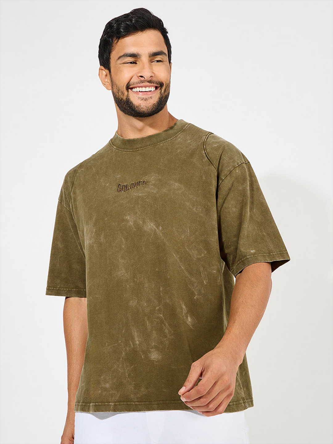 

Styli Men Acid Washed Self Piping Heavy Jersey Oversized T-shirt, Olive