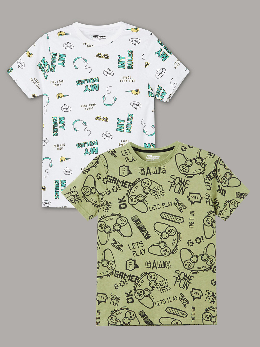 

Fame Forever by Lifestyle Boys Pack Of 2 Printed Cotton T-shirts, Olive